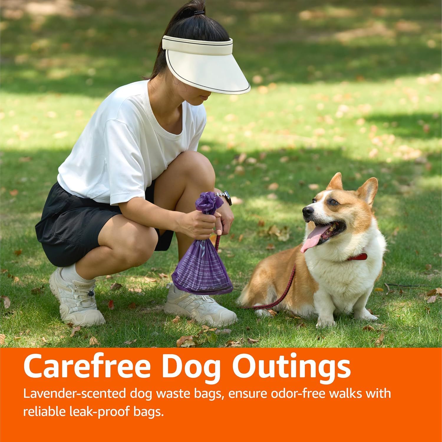 Communicates that these dog waste bags are lavender-scented and leak-proof, ensuring a pleasant, worry-free experience during dog walks.