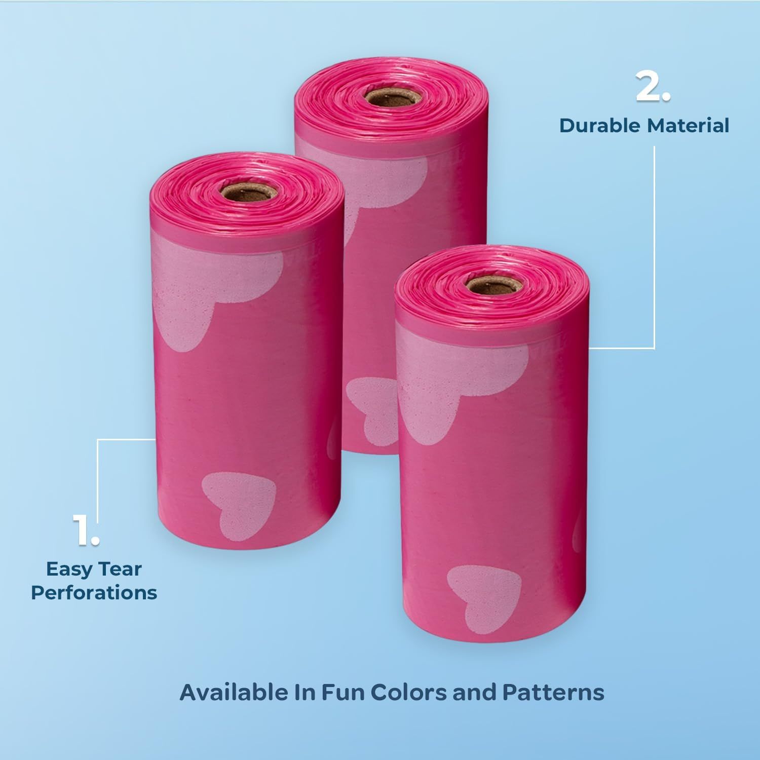 Highlights two distinct product benefits: easy-tear perforations for convenience and durable material for reliability, reassuring shoppers of quality and ease…