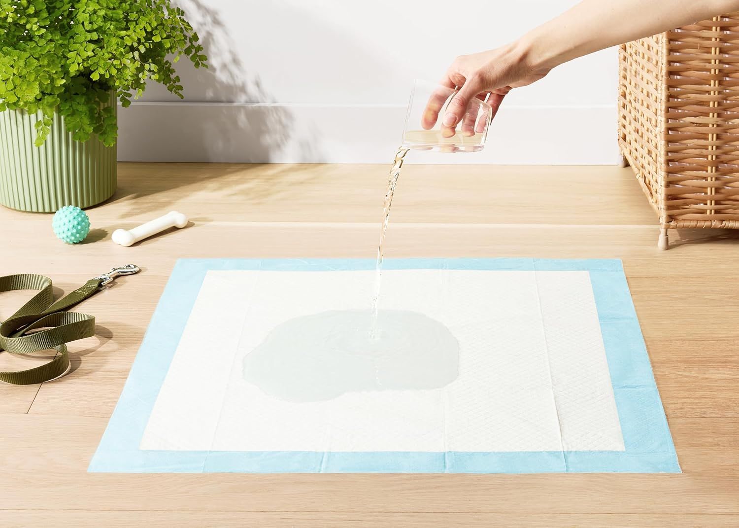 Demonstrates the product's waterproof and leak-proof capability by showing water being poured directly onto the pad without leaking through, reassuring pet…