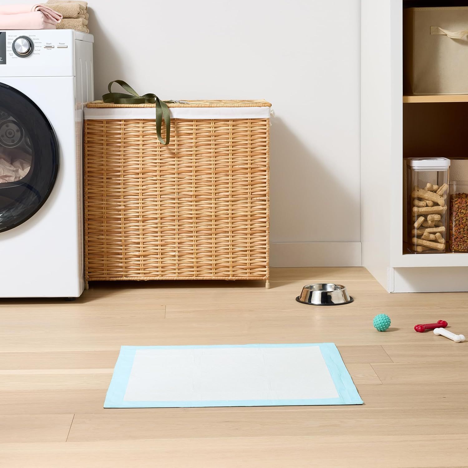 Shows the product in a real-world laundry room setting to help shoppers visualize how it fits naturally into their home environment.