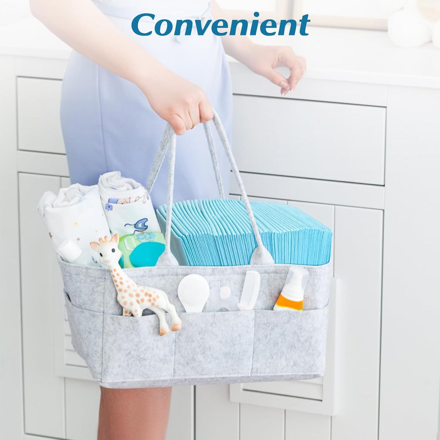 Demonstrates the product's convenience by showing how it organizes and carries baby essentials in one portable caddy, making it easy for parents to keep…