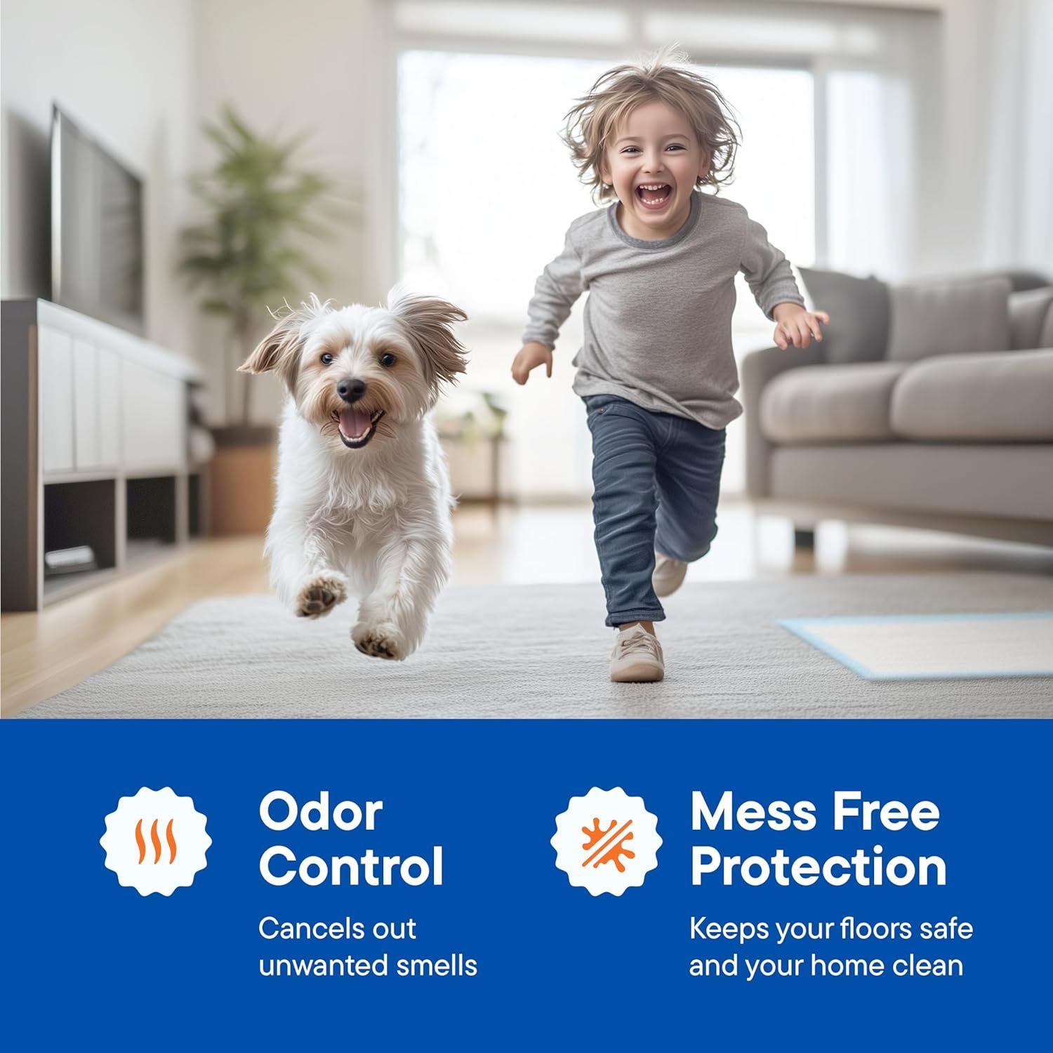 Communicates two distinct product benefits in a segmented layout: odor control to eliminate unwanted smells and mess-free protection to keep floors and homes…