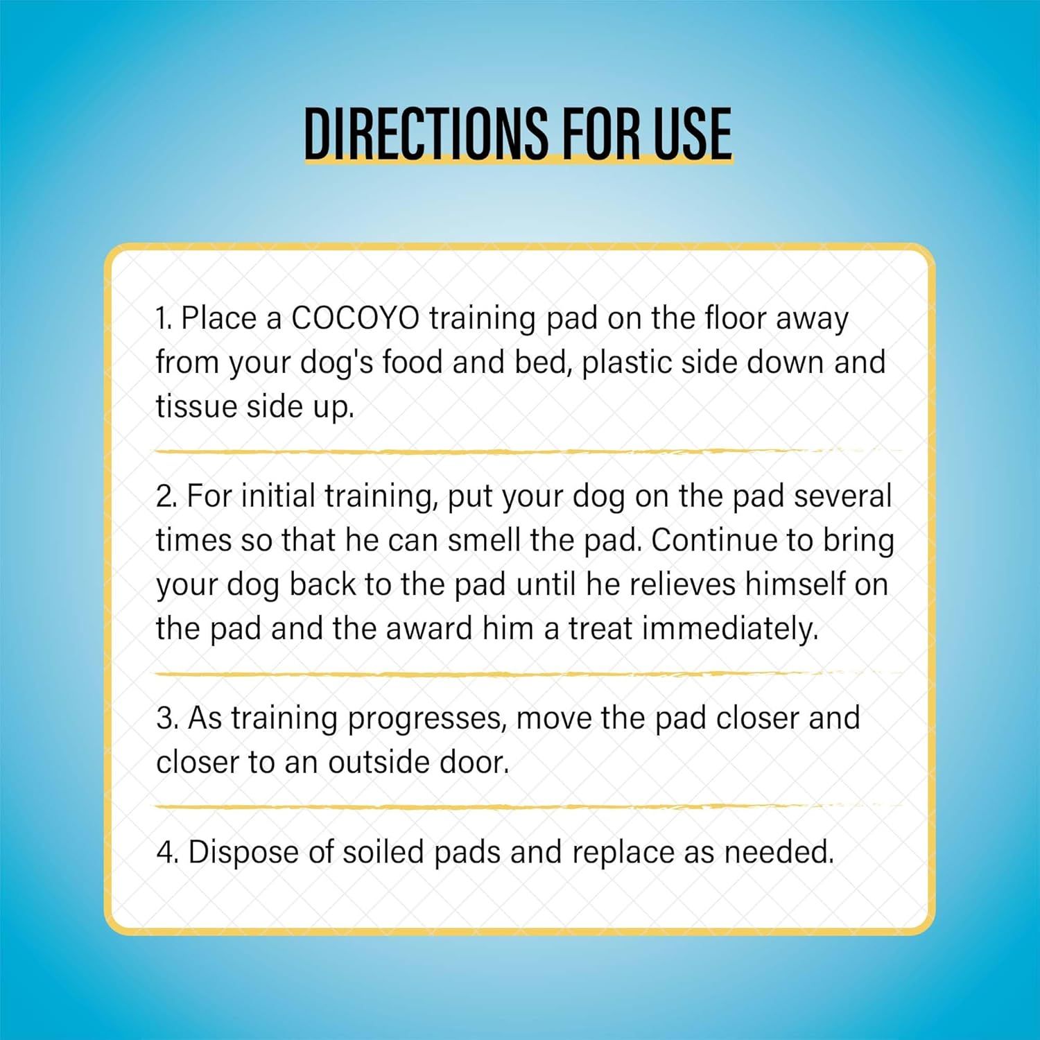 Provides clear, numbered instructions to guide dog owners through the process of using training pads effectively, from initial placement to progressive…