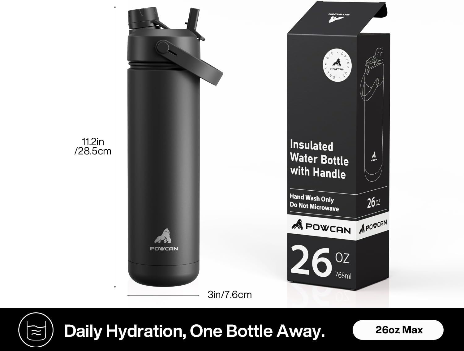Communicates the exact physical size and capacity of the water bottle to help shoppers understand how large the product is and how much liquid it holds. Shows…
