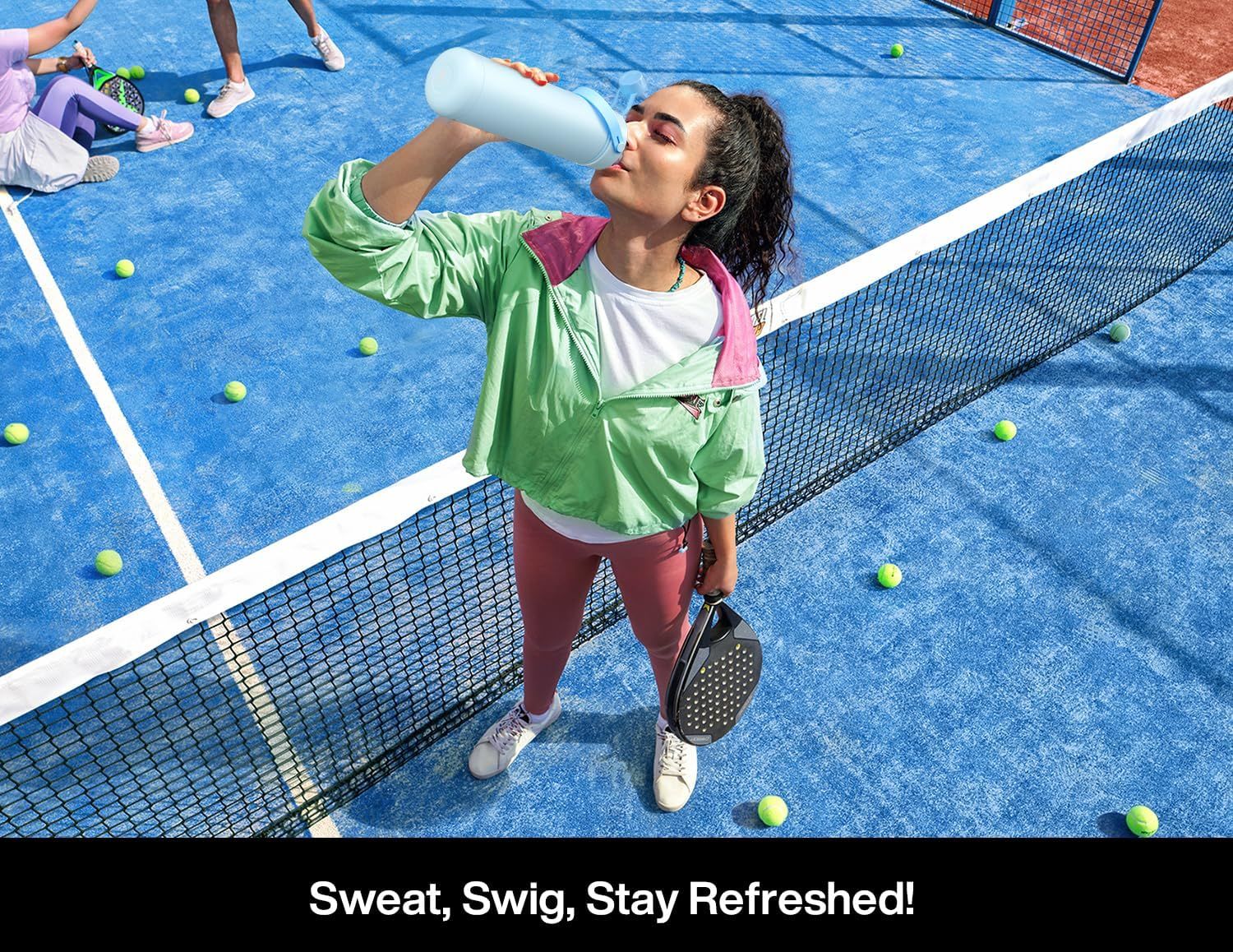 Showcases the product in a real-world sports/recreation context to help shoppers visualize using it during active outdoor activities like tennis or paddle…