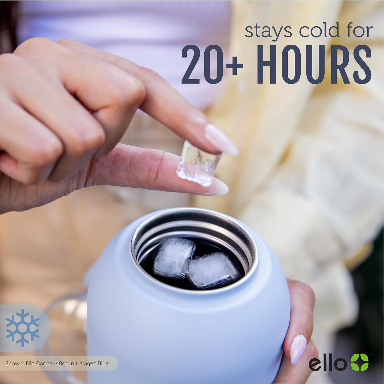 Communicates the product's insulation performance by highlighting that it keeps beverages cold for over 20 hours, reassuring shoppers of its superior temperature retention capability. Demonstrates…