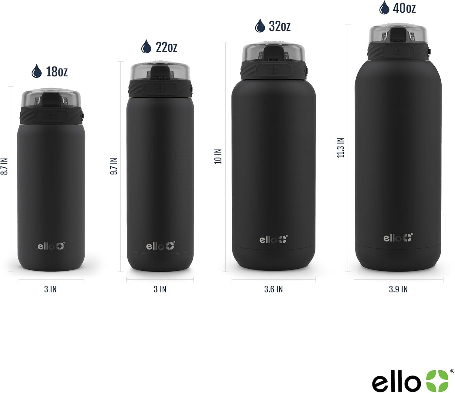 Displays the brand's complete water bottle lineup in four different sizes (18oz, 22oz, 32oz, 40oz) with exact dimensions to help shoppers choose the right capacity and size for their needs.