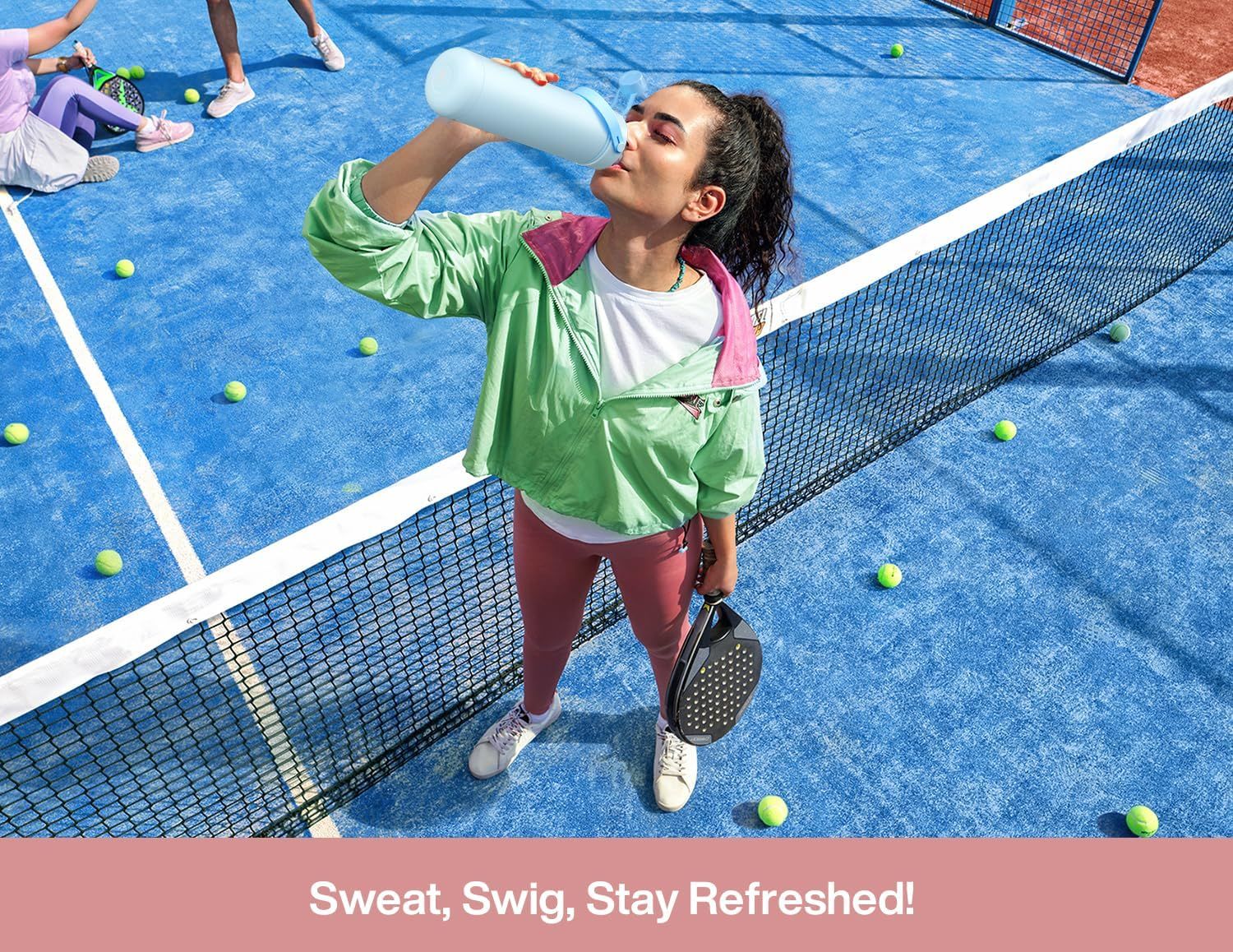Demonstrates the product in a real-world sports/active lifestyle context to help shoppers visualize using it during physical activities like tennis or paddle…