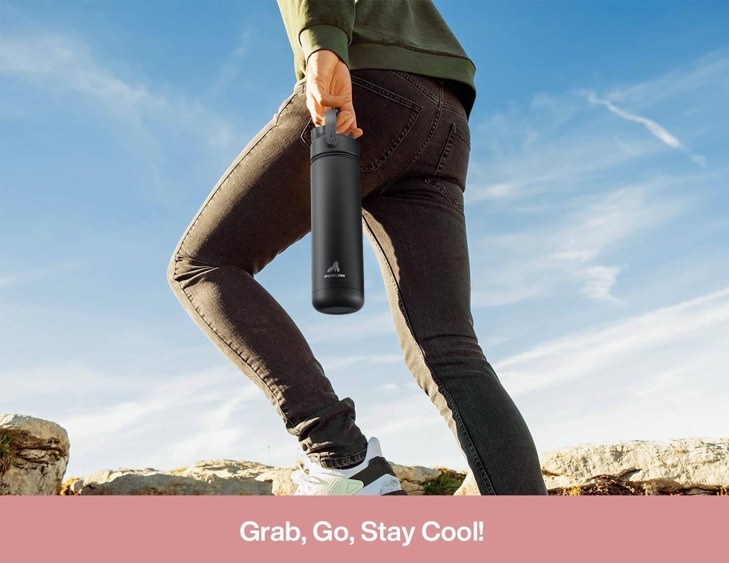 Communicates that the water bottle is designed for active, on-the-go lifestyles, emphasizing portability and convenience while staying cool during outdoor…