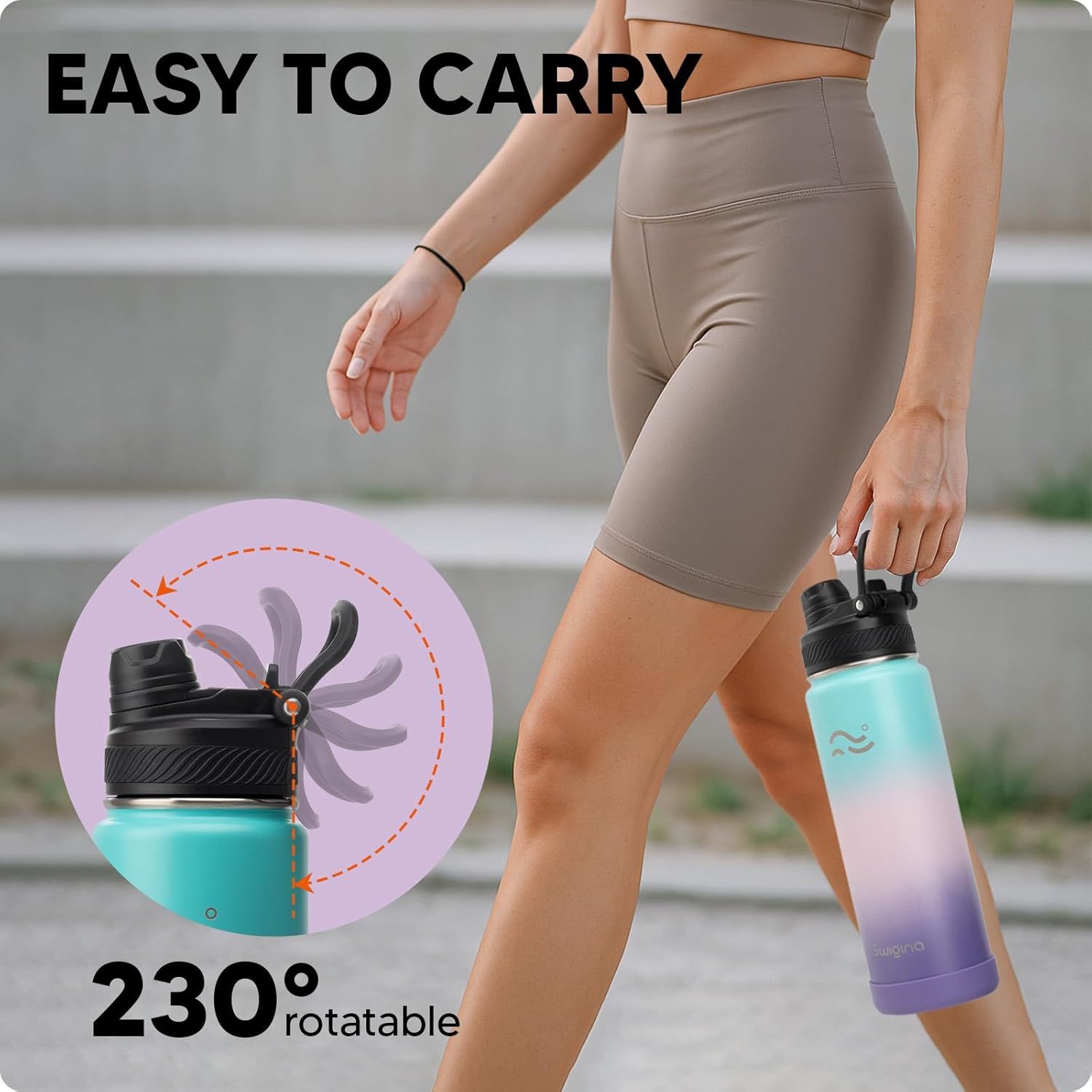 Highlights the water bottle's easy-to-carry design with a 230° rotatable handle, emphasizing convenience and portability for active lifestyles.