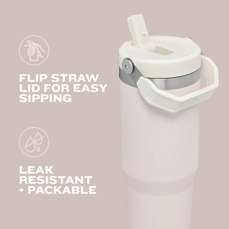 Communicates multiple key benefits of the water bottle in a visually segmented layout, highlighting the flip straw lid for easy sipping and the leak-resistant, packable design for convenience.
