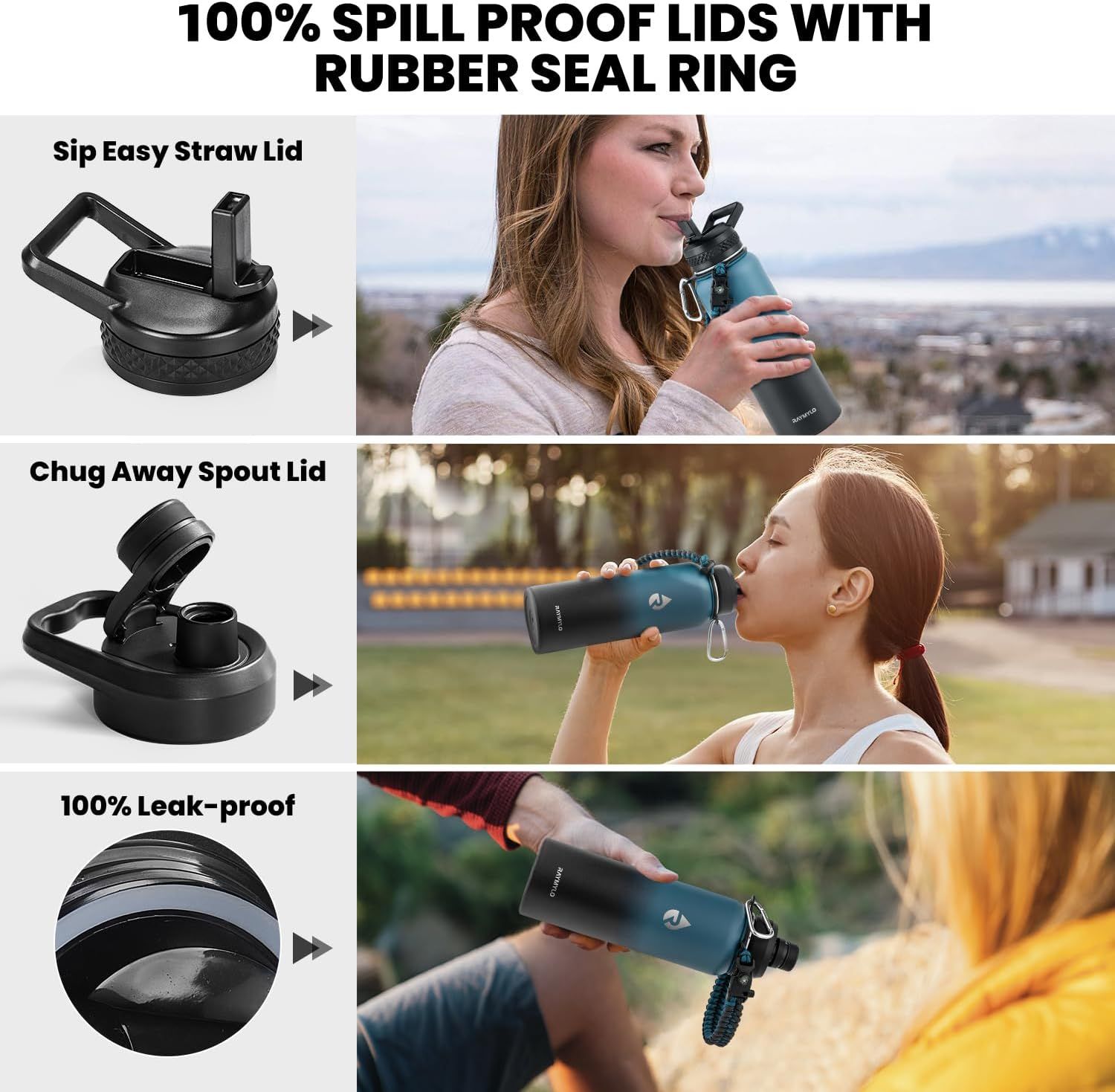 Demonstrates the water bottle's versatile lid options and leak-proof design to reassure shoppers that the product prevents spills and offers multiple drinking…