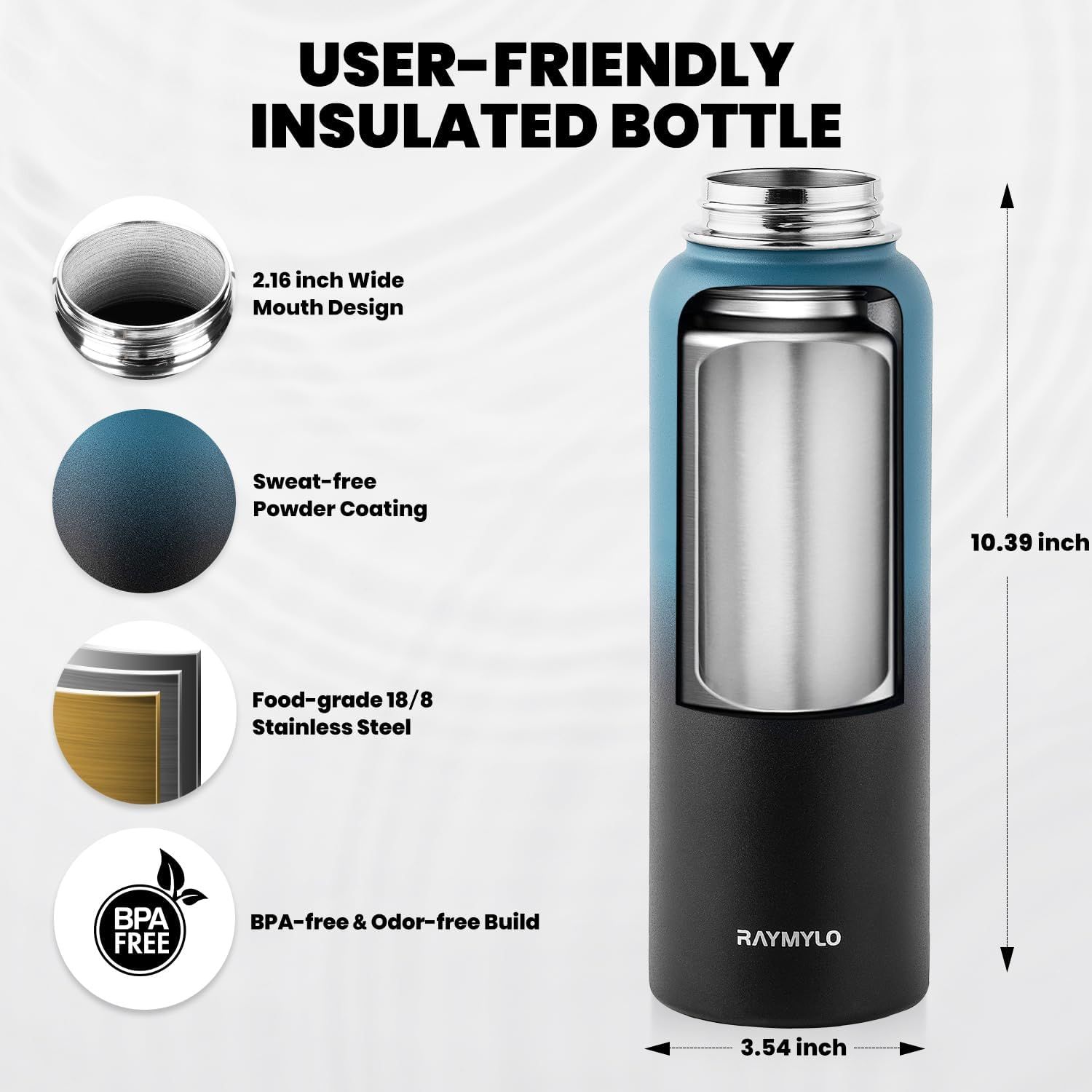 This image breaks down the insulated bottle's key physical components and material features to help shoppers understand the product's construction quality and…