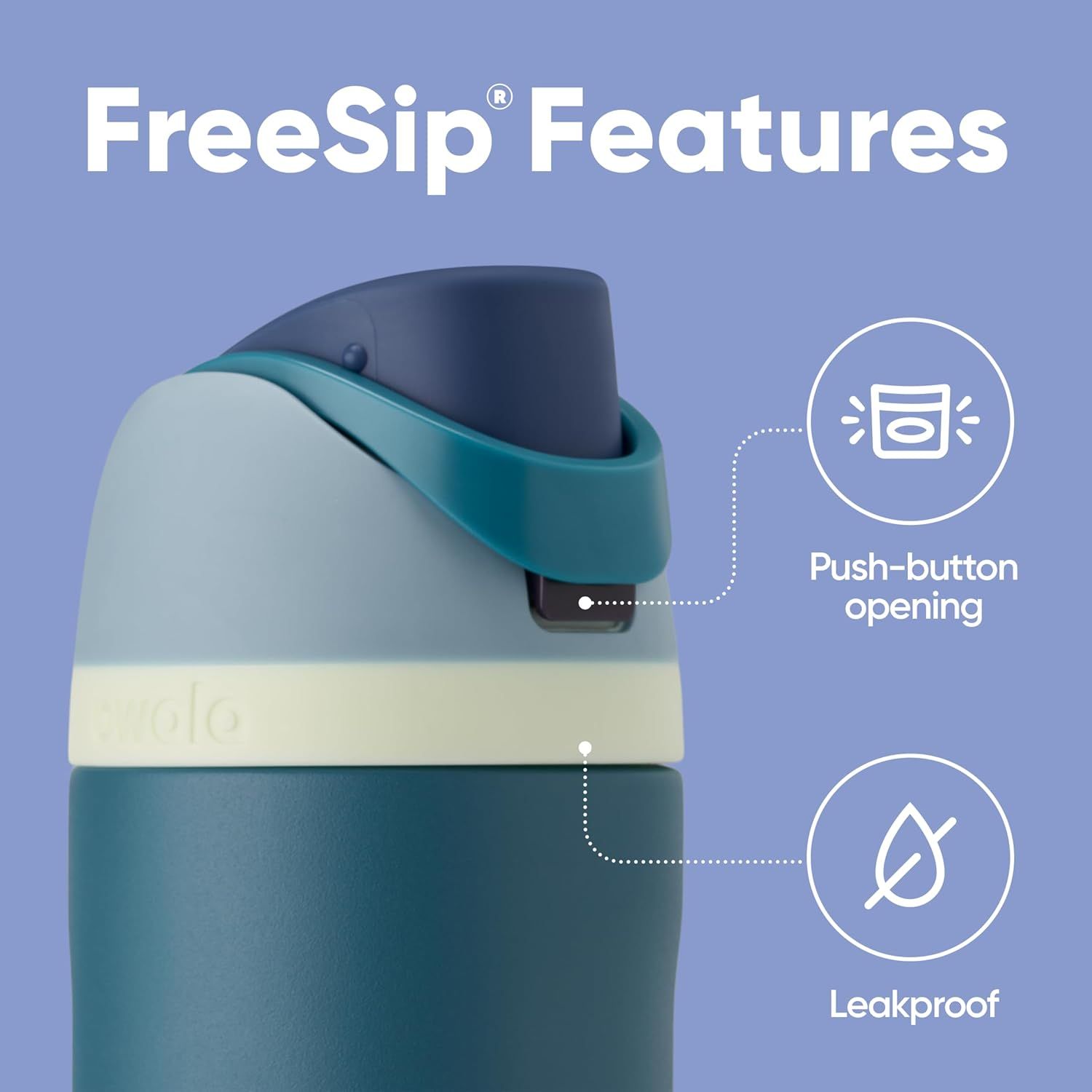 Highlights the physical features of the FreeSip bottle, specifically the push-button opening mechanism and leakproof design, to help shoppers understand the product's key functional components.…