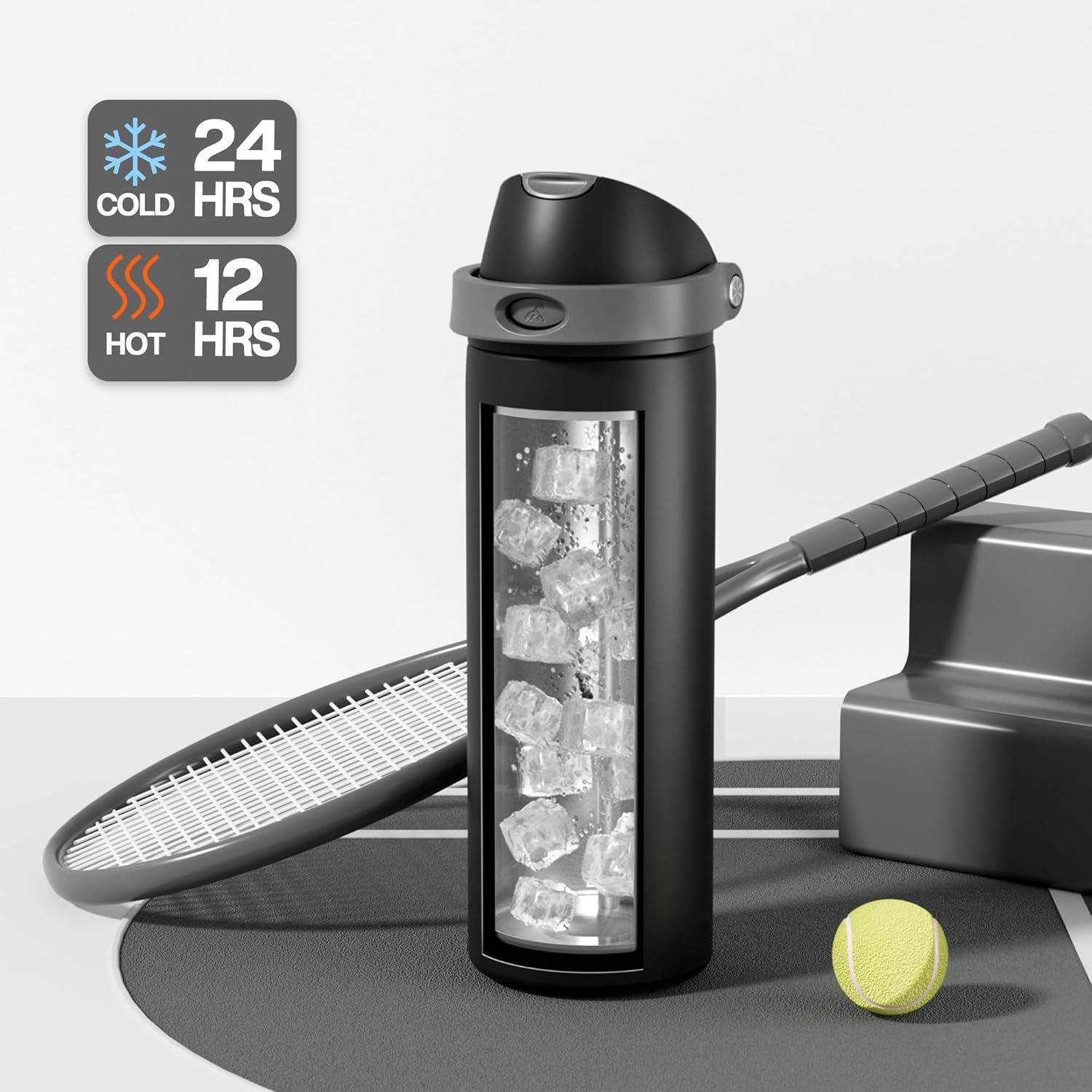 Communicates the bottle's insulation performance with specific time-based metrics (24 hours cold, 12 hours hot) to reassure shoppers of its superior temperature retention capability. Highlights the…