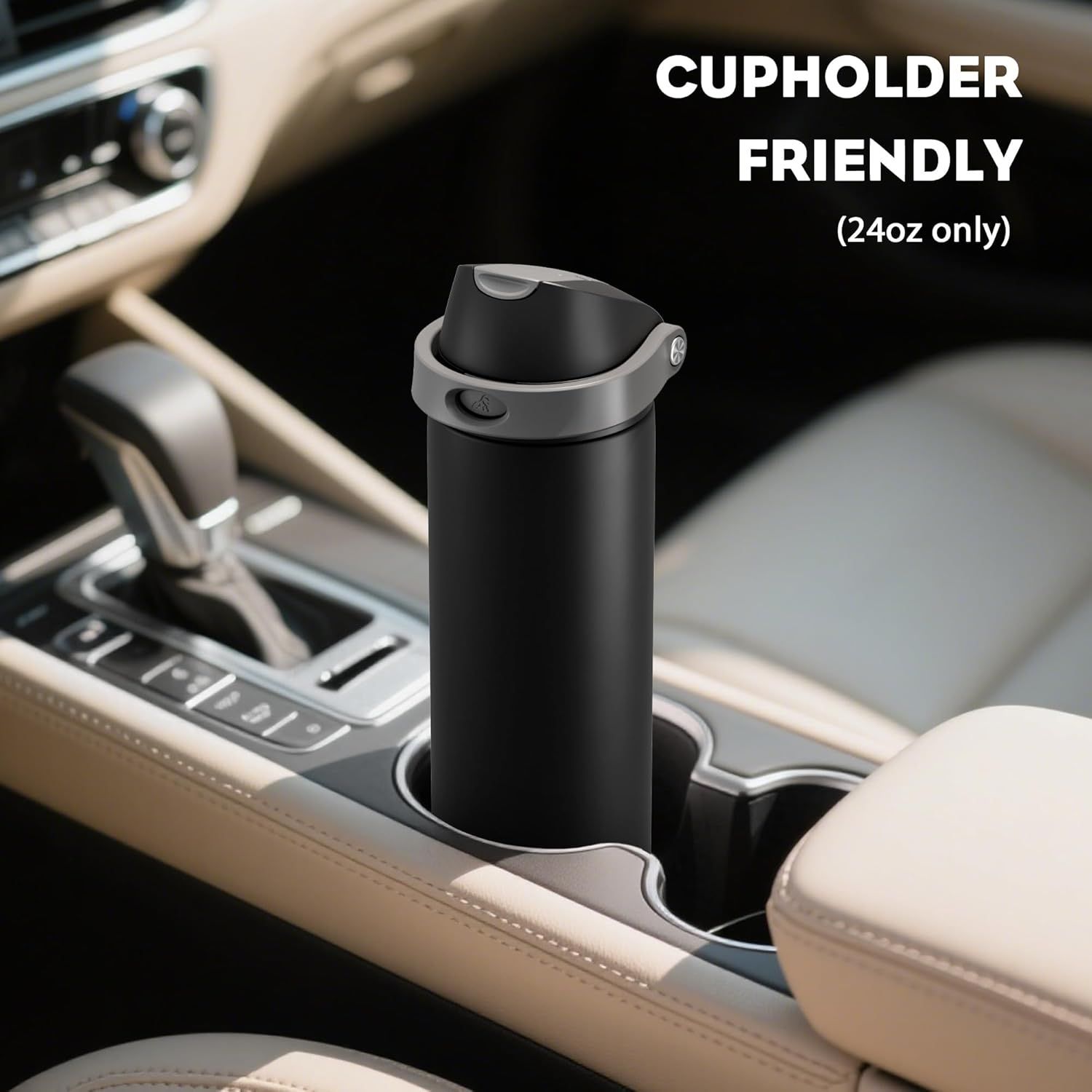 Demonstrates that the 24oz bottle fits perfectly in standard car cupholders, reassuring shoppers about portability and convenience for on-the-go use. Shows the product in a real-world automotive…