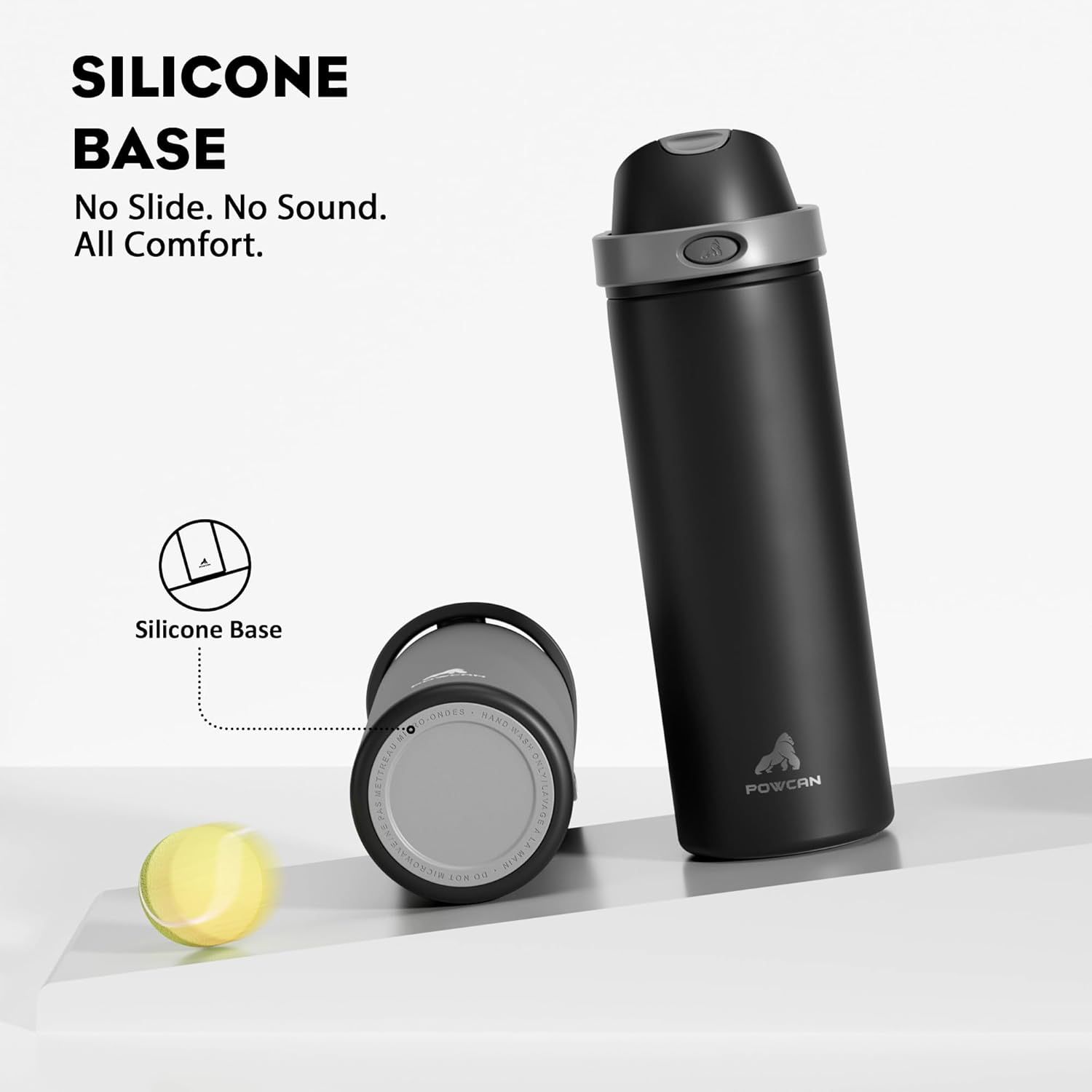 Highlights the silicone base feature of the water bottle to communicate that it prevents sliding and noise, providing comfort and stability during use. Communicates the benefit of the silicone base…
