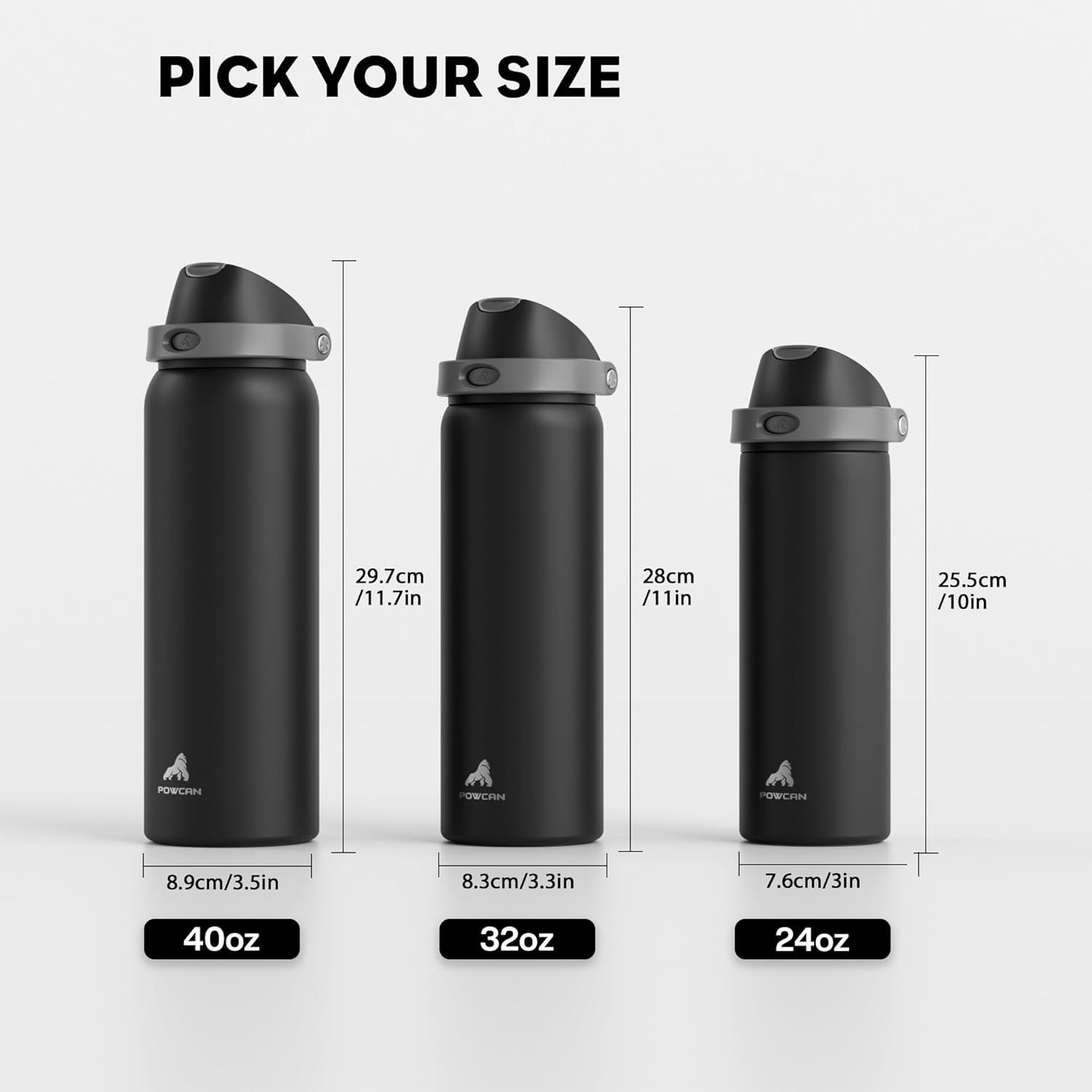 Helps shoppers choose the right size water bottle by showing the brand's three available capacity options (40oz, 32oz, 24oz) with exact dimensions for each.