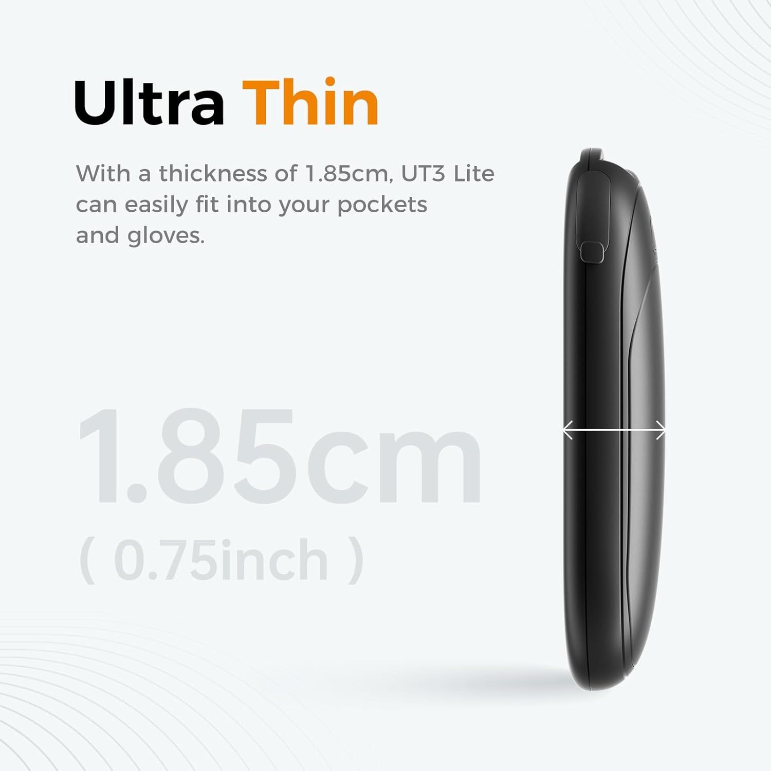 Communicates the product's ultra-thin 1.85cm profile with dimensional measurement and visual arrow, emphasizing its portability and convenience for fitting…