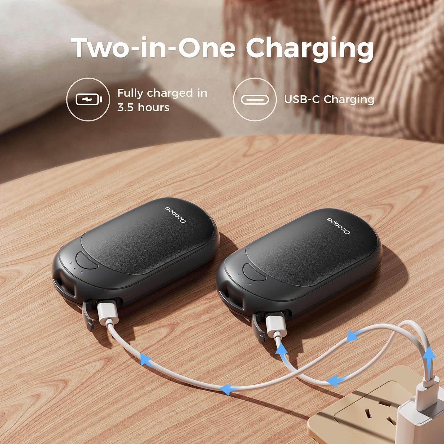 Demonstrates how the product charges using two different methods (fully charged in 3.5 hours and USB-C charging), showing shoppers the dual charging…
