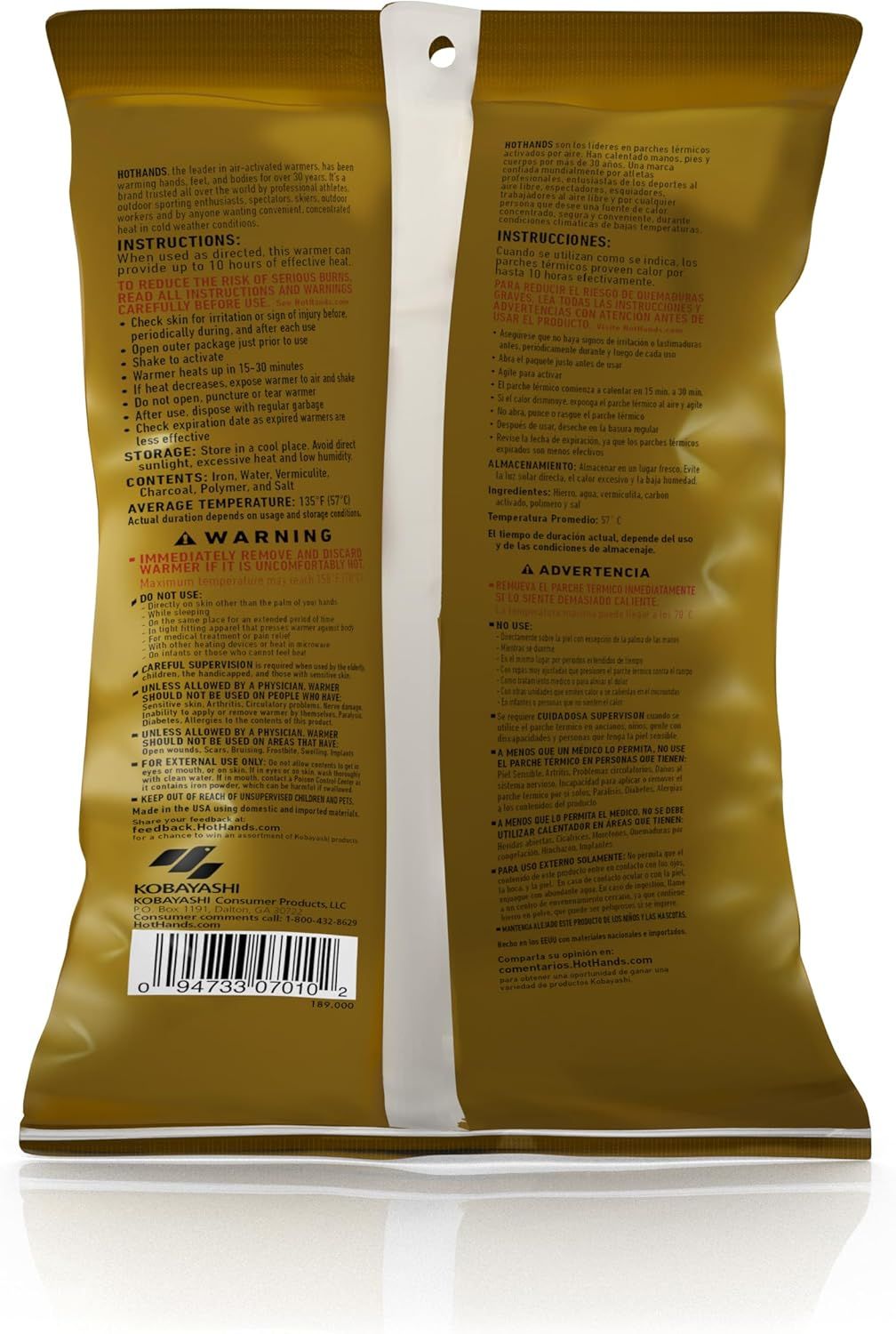 This image shows the back of the product packaging with detailed instructions on how to use the hand warmer safely and effectively, including activation…