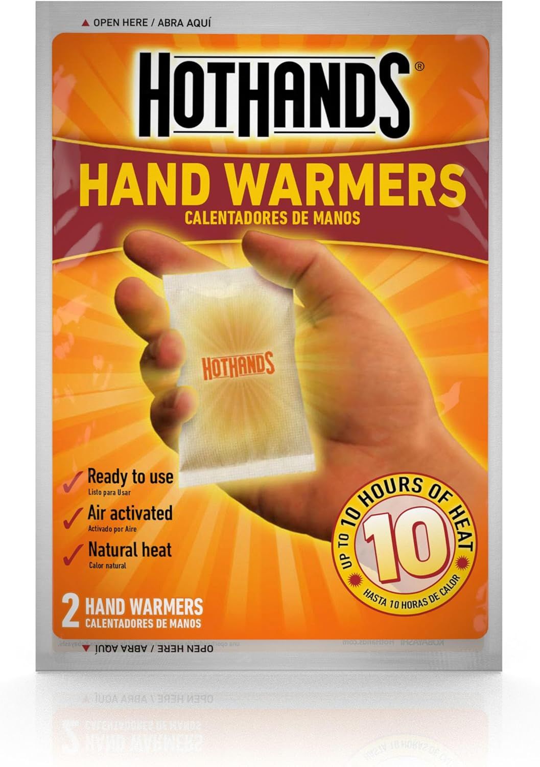 Communicates multiple key benefits of the hand warmers in a visually segmented layout with checkmarks and a duration badge, helping shoppers quickly…
