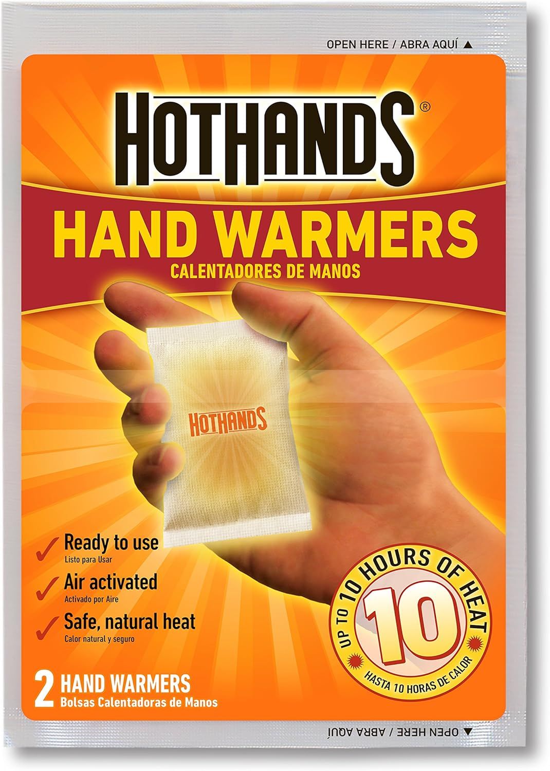 Communicates multiple key benefits of the hand warmers including convenience, activation method, and safety to help shoppers quickly understand the product's…