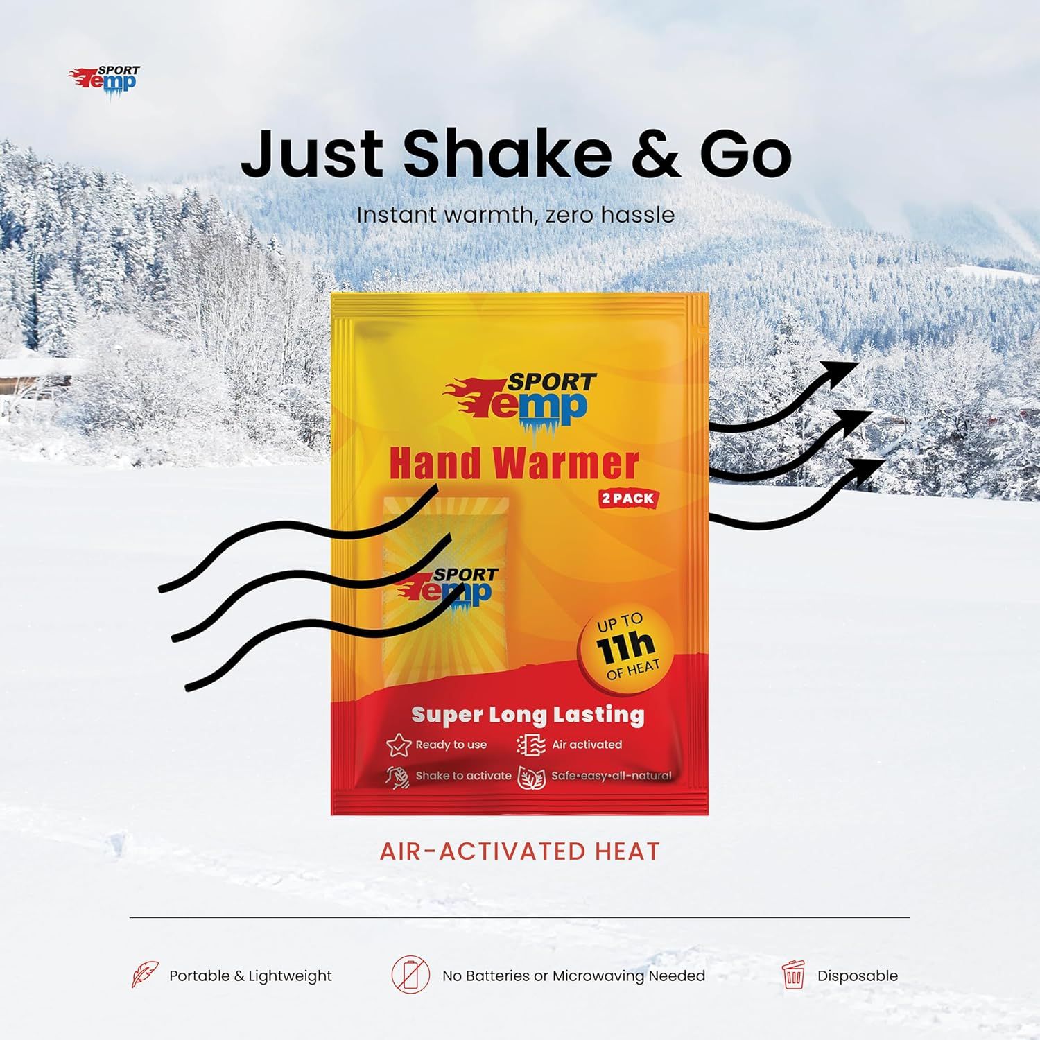 Communicates multiple key benefits of the hand warmer product including ease of use, duration of heat, portability, and convenience to reassure shoppers this…
