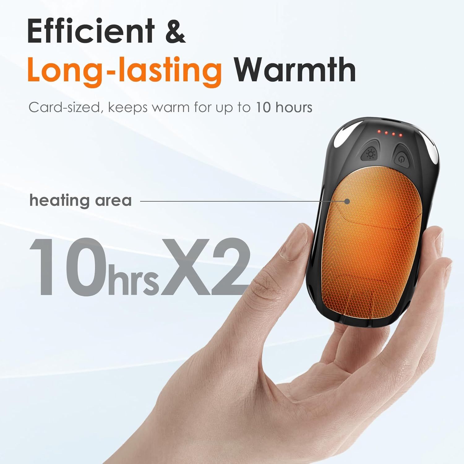 Communicates the product's impressive 10-hour heat duration and compact card-sized form factor to reassure shoppers of its long-lasting performance and portability. Points out the specific heating…