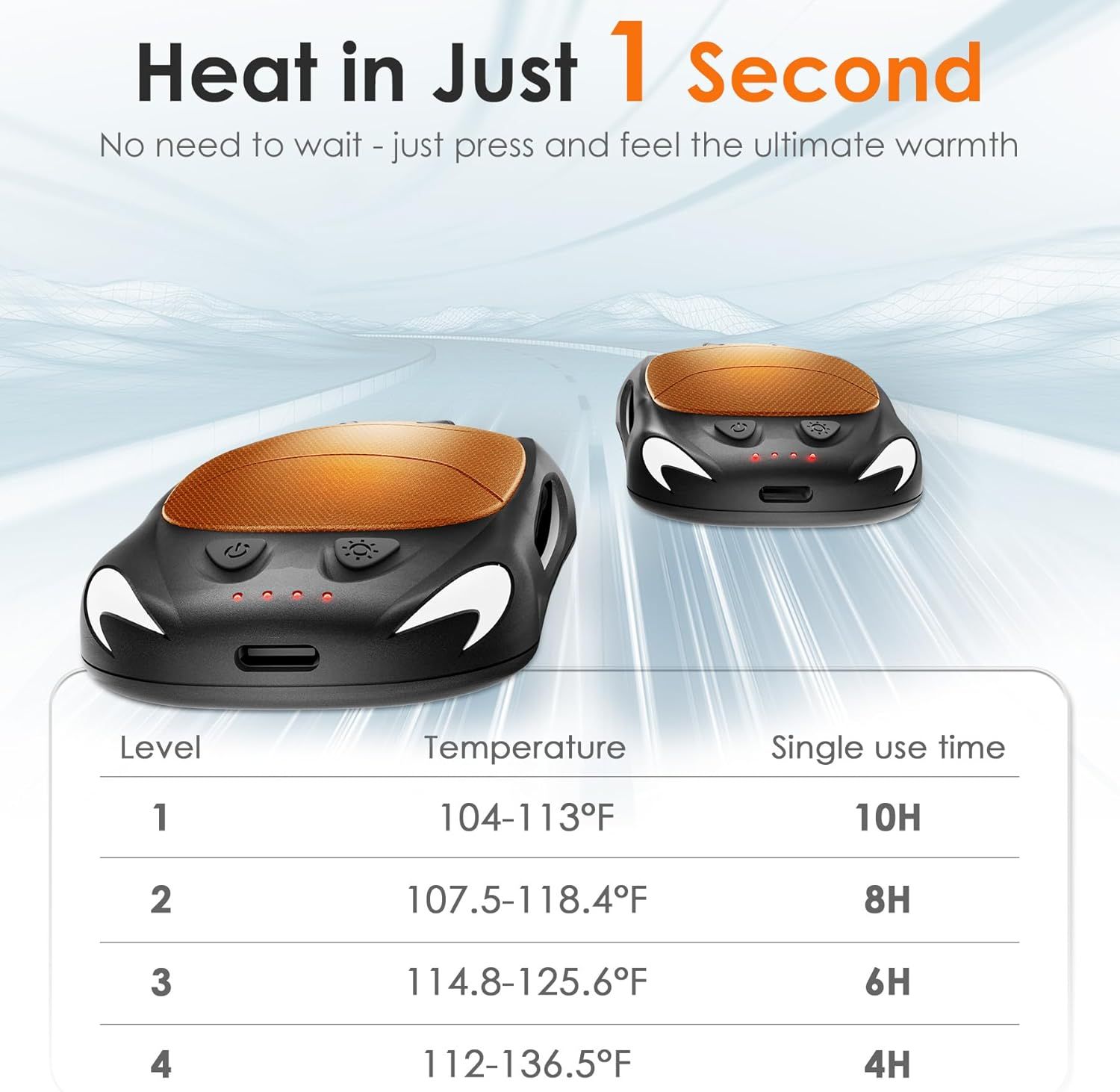 Communicates the product's fast 1-second heating capability and provides detailed performance specifications across multiple heat levels to reassure shoppers about speed, temperature control, and…