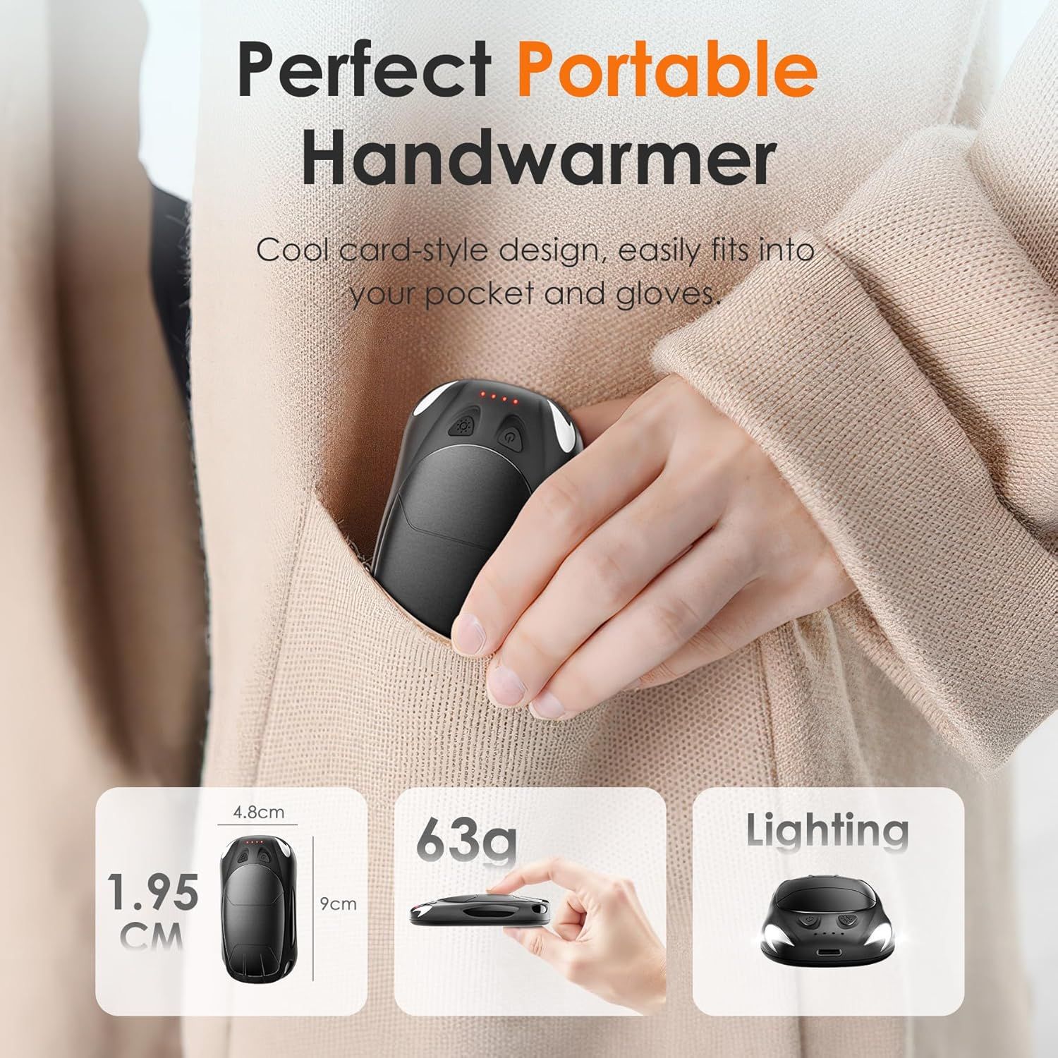 Communicates that the handwarmer is highly portable with a card-style design that easily fits into pockets and gloves, making it convenient for on-the-go use.…