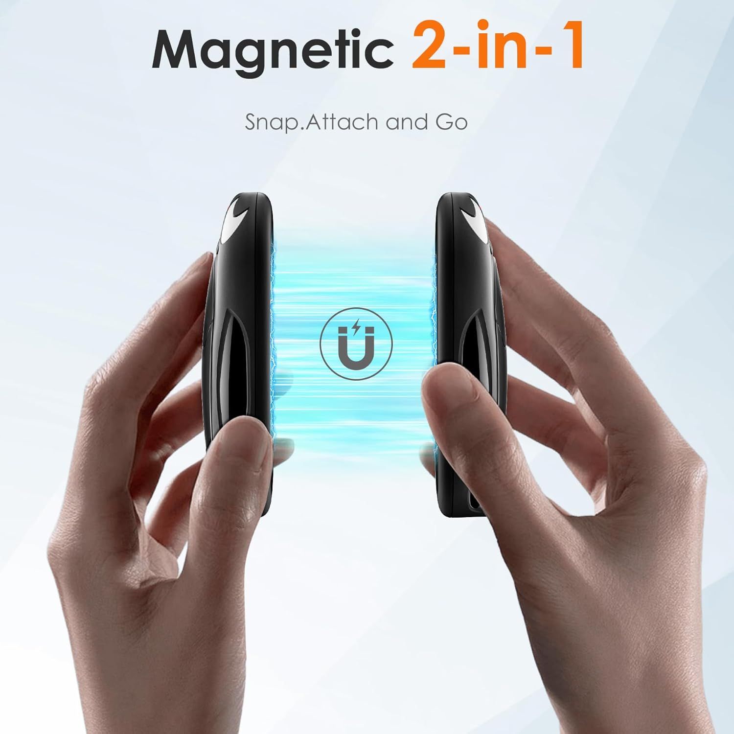 Demonstrates the magnetic snap-attach functionality of the product, showing how two devices can easily connect together for convenience and portability.