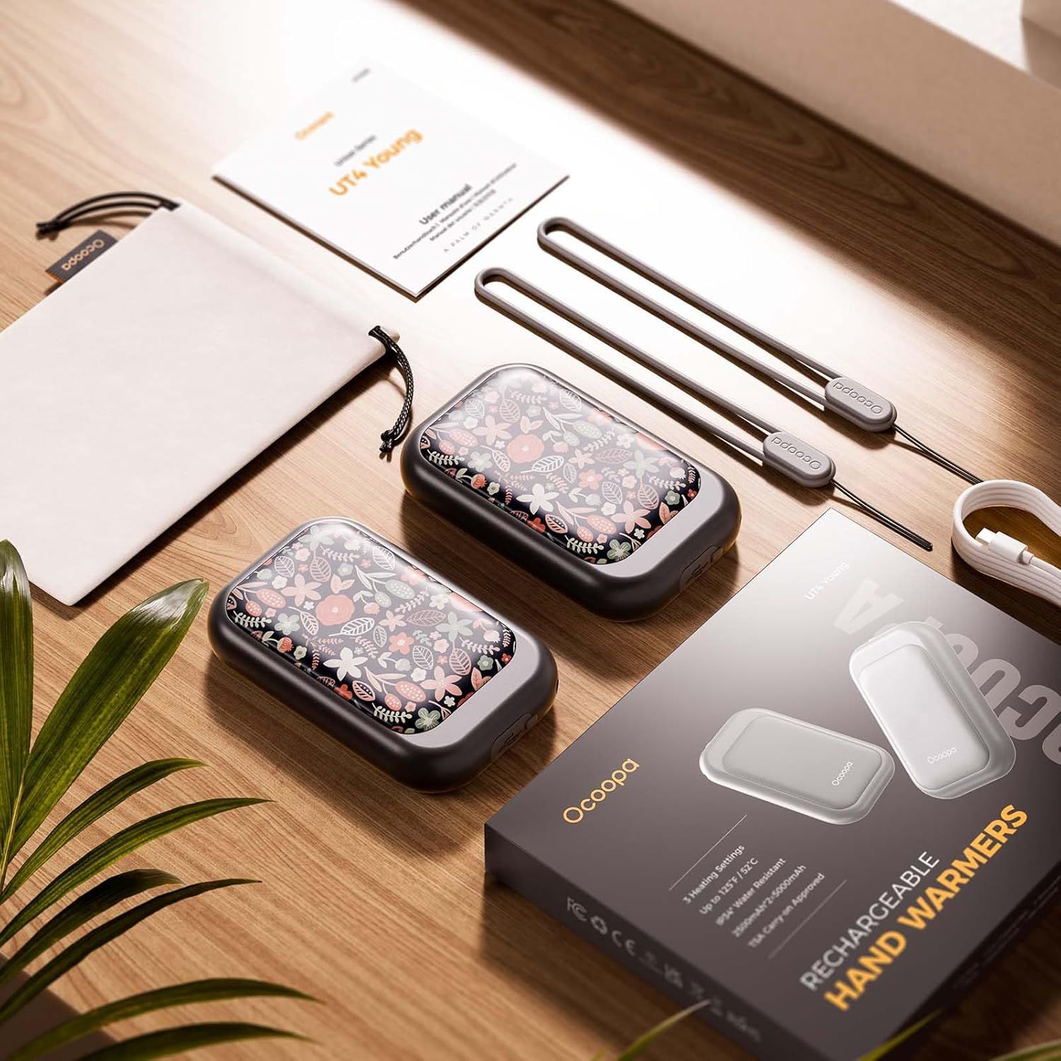 Shows everything included in the purchase to help shoppers understand the full value of the bundle, including the hand warmers, charging cable, storage cases,…