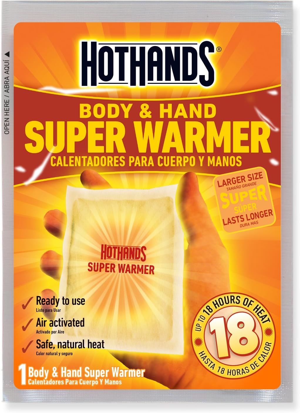Communicates multiple key benefits of the hand warmer including ease of use, activation method, safety, duration, and size to help shoppers understand the…