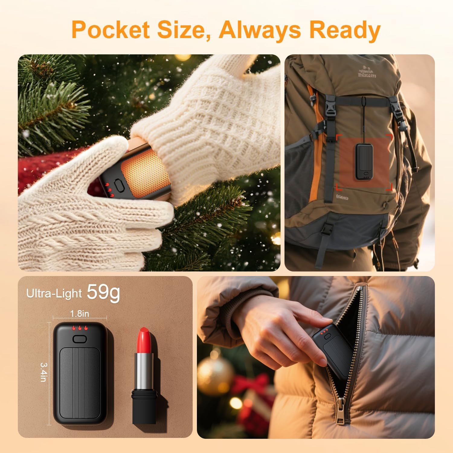 Demonstrates the product's versatility and portability across multiple real-world scenarios including outdoor winter activities, hiking/backpacking, and everyday carry in jacket pockets.…