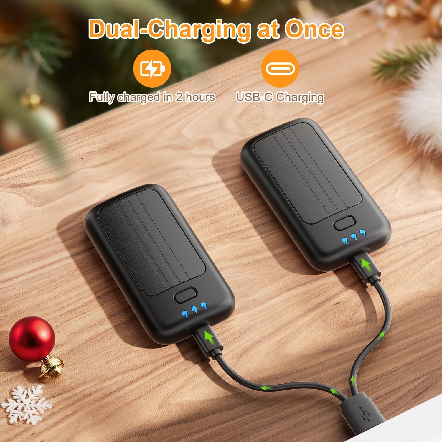 Communicates the product's fast charging performance (fully charged in 2 hours) and dual-charging capability to reassure shoppers of efficiency and convenience. Highlights the key benefit of being…