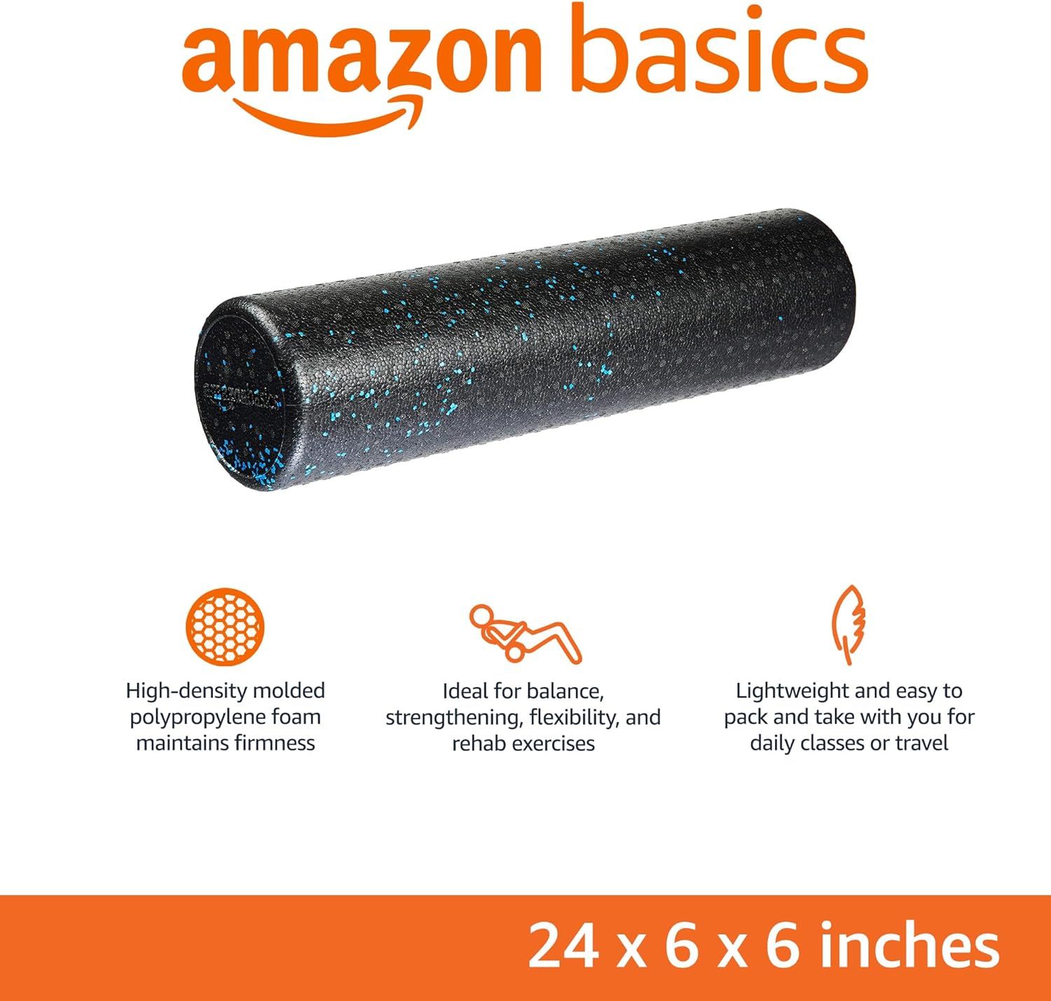 Communicates multiple distinct benefits of the foam roller in a segmented layout: material quality, exercise applications, and portability, helping shoppers…
