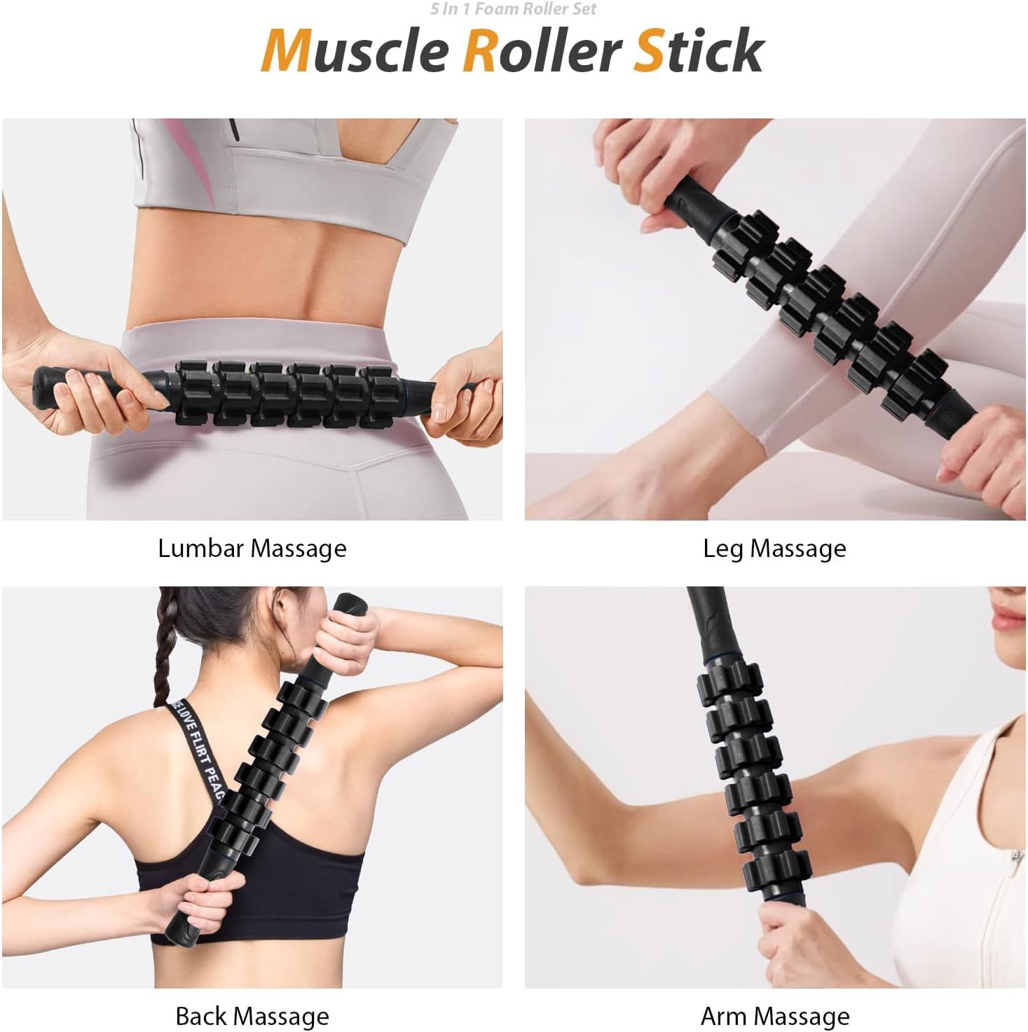 Demonstrates the versatility of the muscle roller stick by showing four different body areas where it can be applied, reassuring shoppers that this single product serves multiple massage needs.