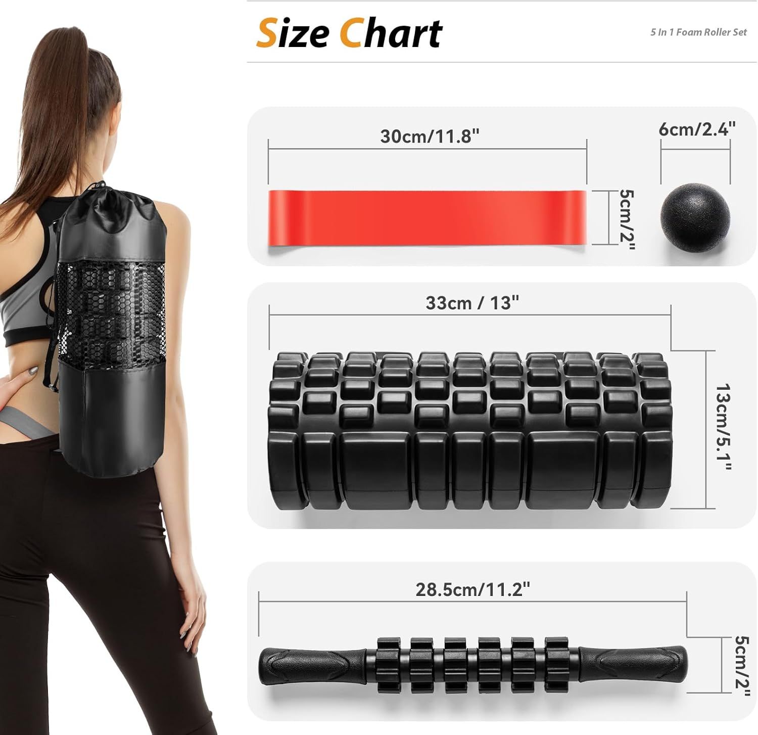 Provides exact dimensional measurements for each item in the foam roller set, helping shoppers understand the physical size of the resistance band, massage…