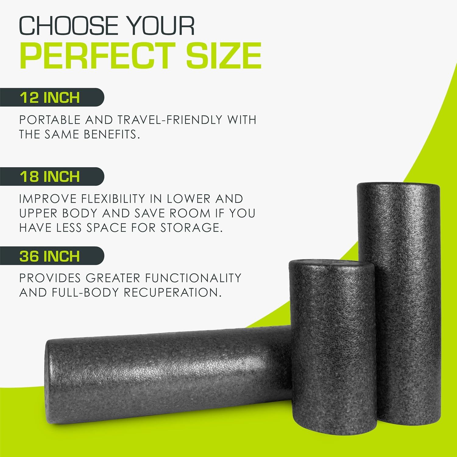 Helps shoppers choose the right foam roller size from the brand's product lineup by explaining the benefits and use cases of each size option (12, 18, and 36…