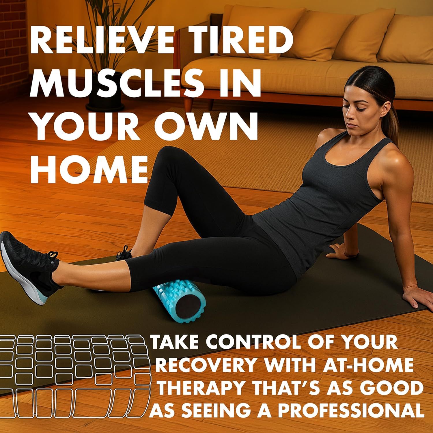 Communicates that the product (foam roller) provides professional-quality muscle recovery therapy in the convenience of your own home, positioning it as an…