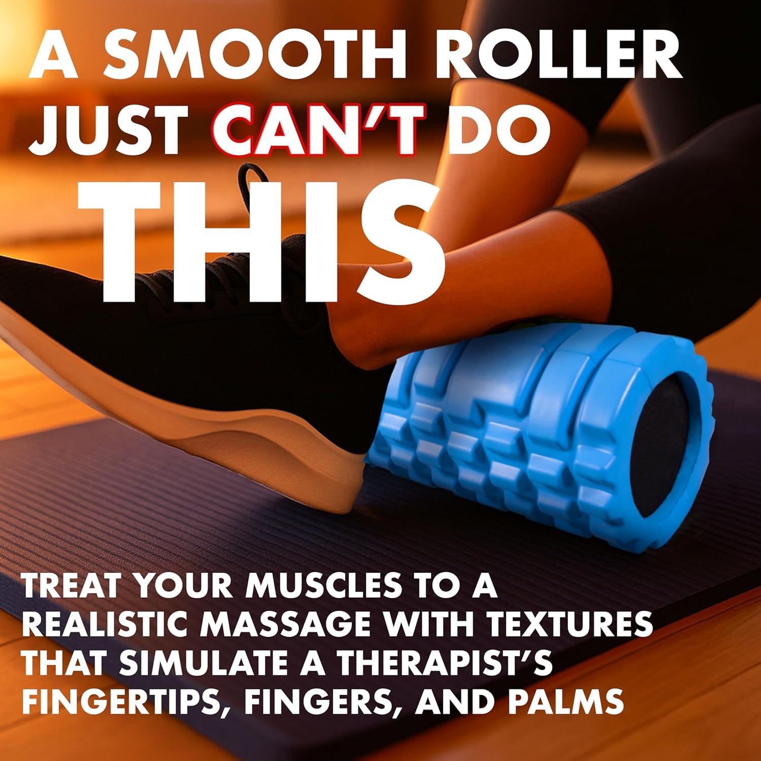 Communicates that this textured foam roller provides a superior massage experience compared to standard smooth rollers by simulating a therapist's hands. Highlights the unique textured design that…