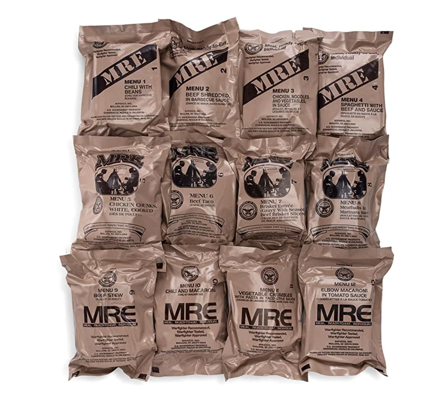 Shows the complete variety pack of 12 different MRE (Meal Ready-to-Eat) meals included in the purchase, helping shoppers understand the full contents and menu…