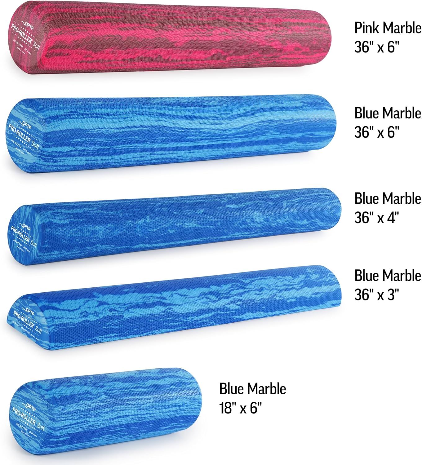 Displays the brand's full product lineup of foam rollers, showing shoppers the available size and color options to help them choose the right variant for…