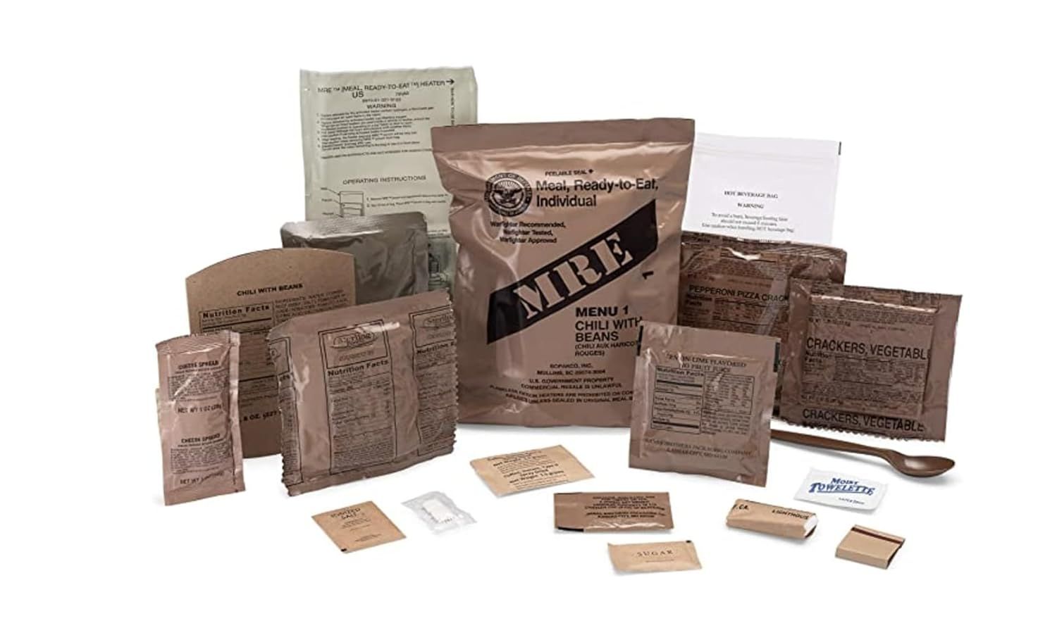 Shows all the items included in the MRE (Meal Ready-to-Eat) package, including the main meal, crackers, condiments, utensils, and accessories, to help…