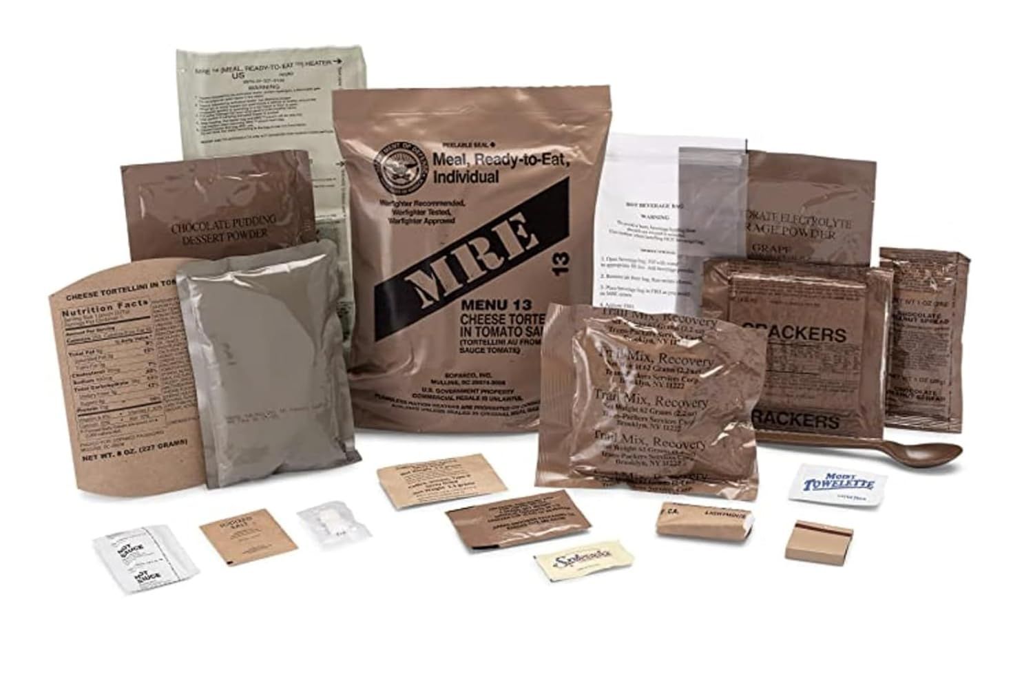 Shows all the items included in the MRE (Meal Ready-to-Eat) package to help shoppers understand the full value and completeness of what they receive with…