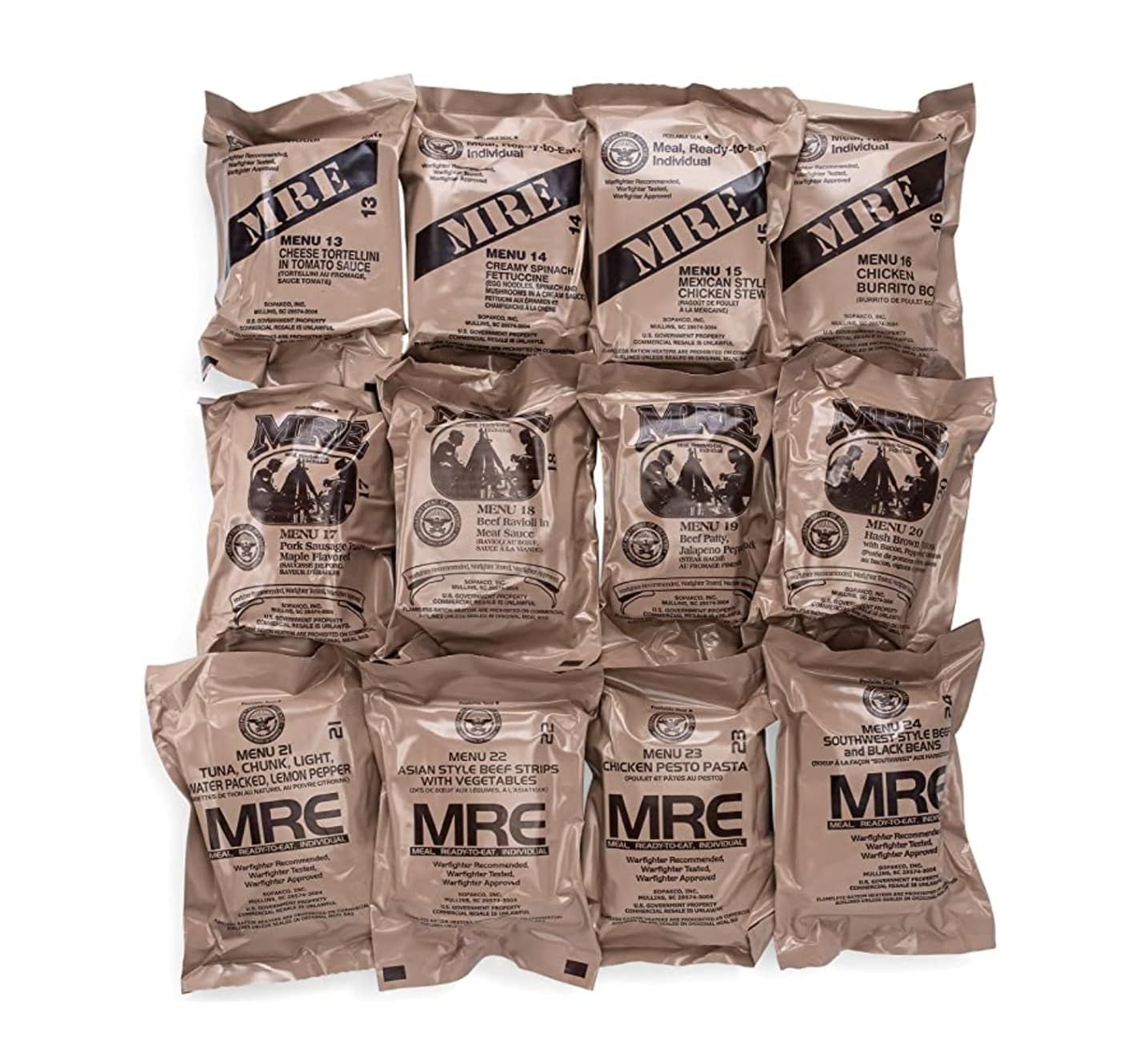 Shows the customer all the different meal options and variety included in the MRE bundle, demonstrating the range of menu choices they will receive.