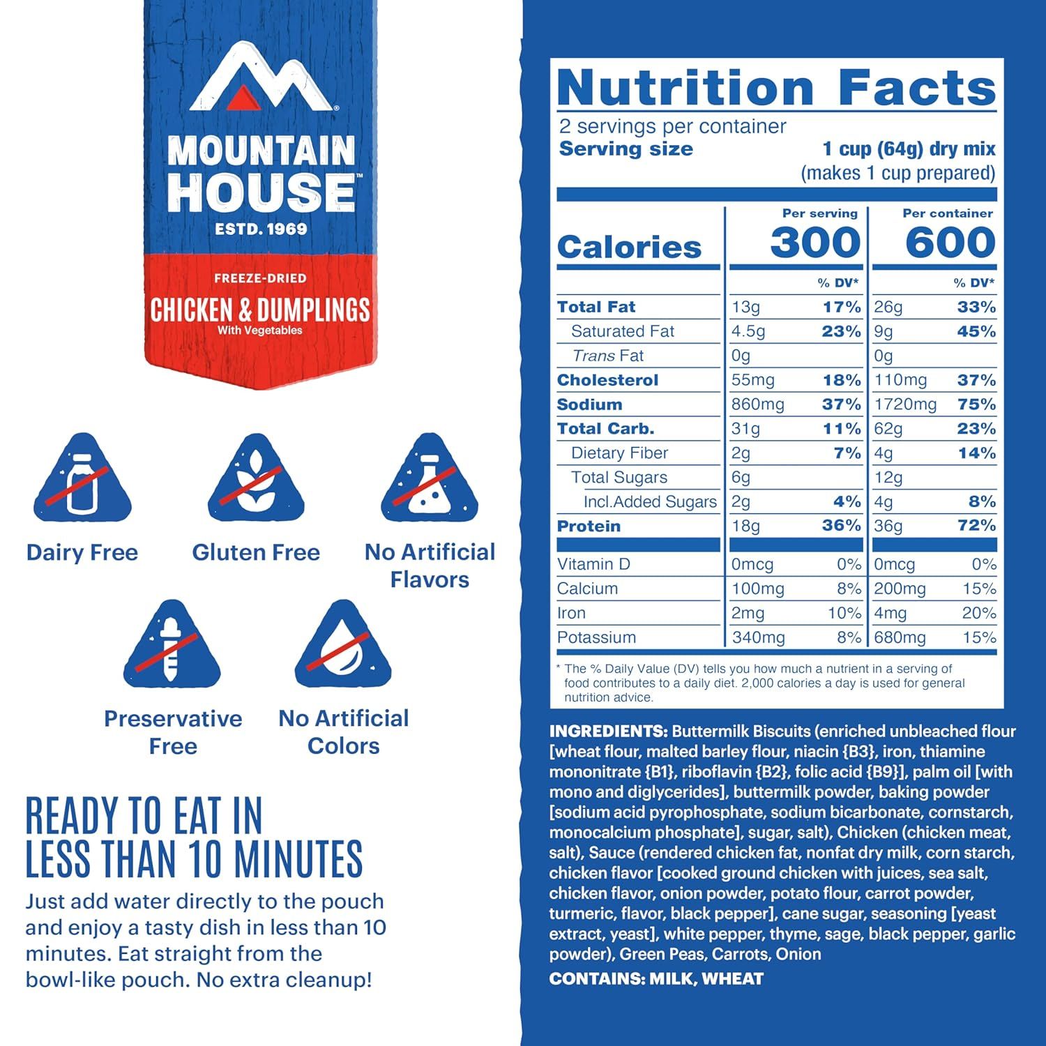 Communicates multiple product benefits including dietary accommodations (dairy-free, gluten-free), clean ingredients (no artificial…