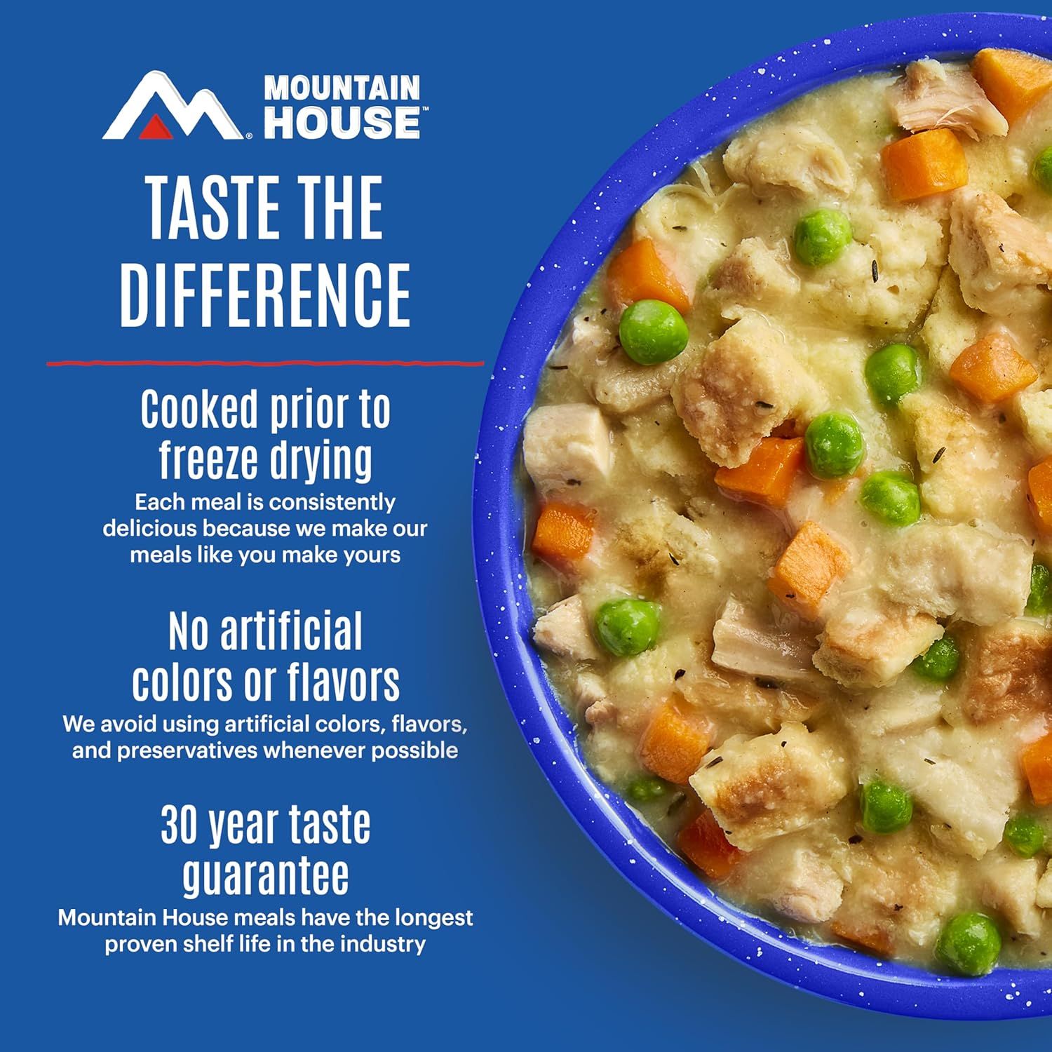 Communicates multiple distinct brand benefits in a segmented layout to reassure shoppers about quality, natural ingredients, and long shelf life.