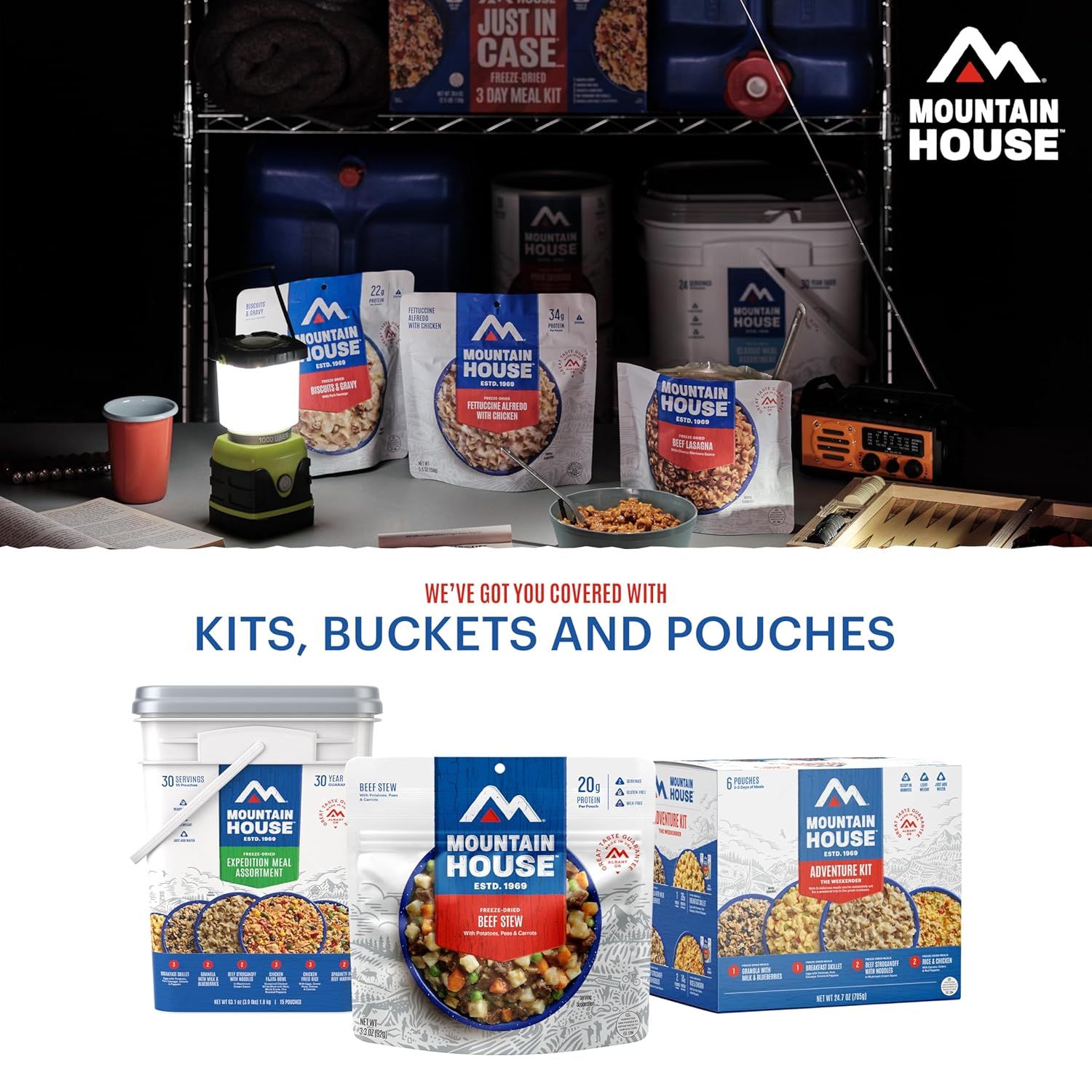 Showcases the Mountain House brand's full product portfolio across different packaging formats (kits, buckets, and pouches) to help shoppers understand the…